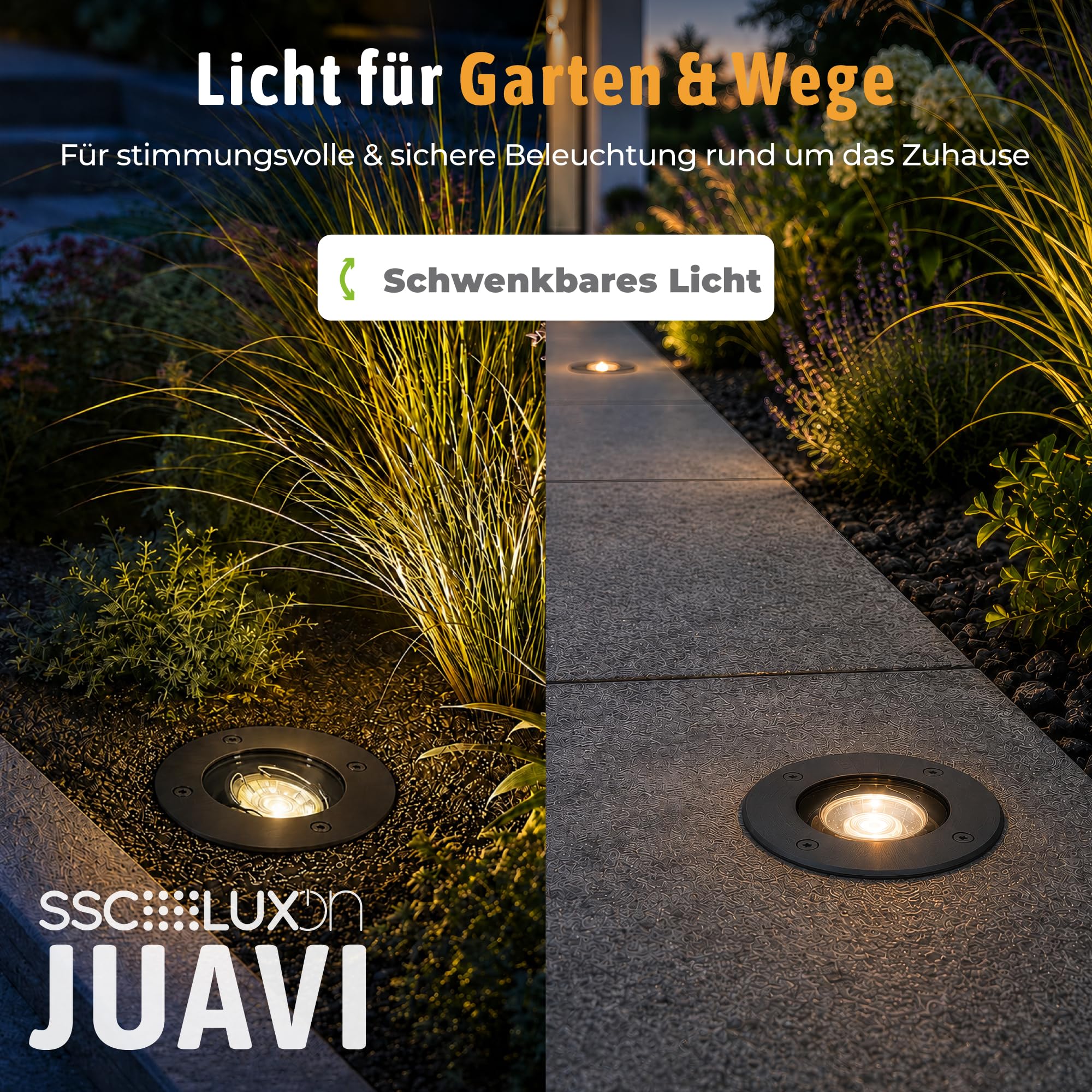 SSC-LUXon JUAVI Bodeneinbauleuchte 3er Set rund IP67 GU10 7W neutralweiß | Drei befahrbare Bodenstrahler bis 2000kg - schwenkbar & dimmbar, neutralweiß, für Garten & Wege, IP67, inkl. GU10 LED