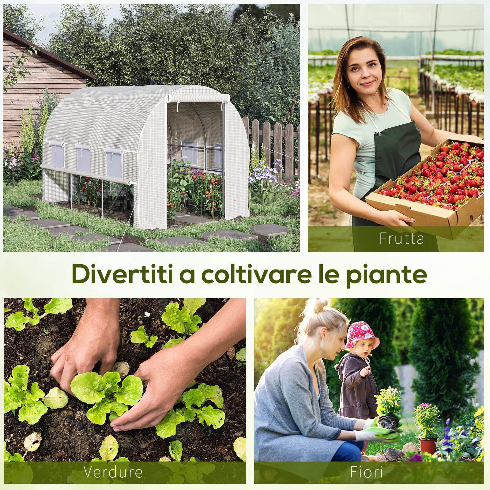 Outsunny Serra da Giardino a Tunnel 3x2x2 m con Porta Avvolgibile e 6 Finestre a Rete, Serra per Orto con Struttura in Acciaio e Copertura PE, per Orto Verdure Fiori Frutta, Anti UV, Bianco