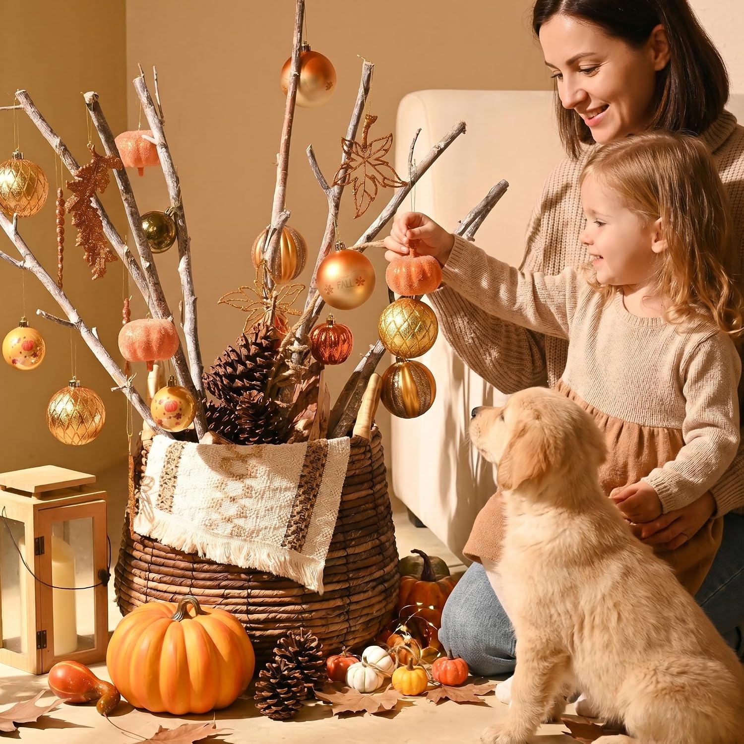 DecorbyHannah Fall Ornaments Tree Decorations, 60ct Autumn Thanksgiving Harvest Pumpkin Maple Leaves Tree Ornaments Set, Shatterproof Gold Orange Farmhouse Decor Hanging Ball for Home Indoor Table