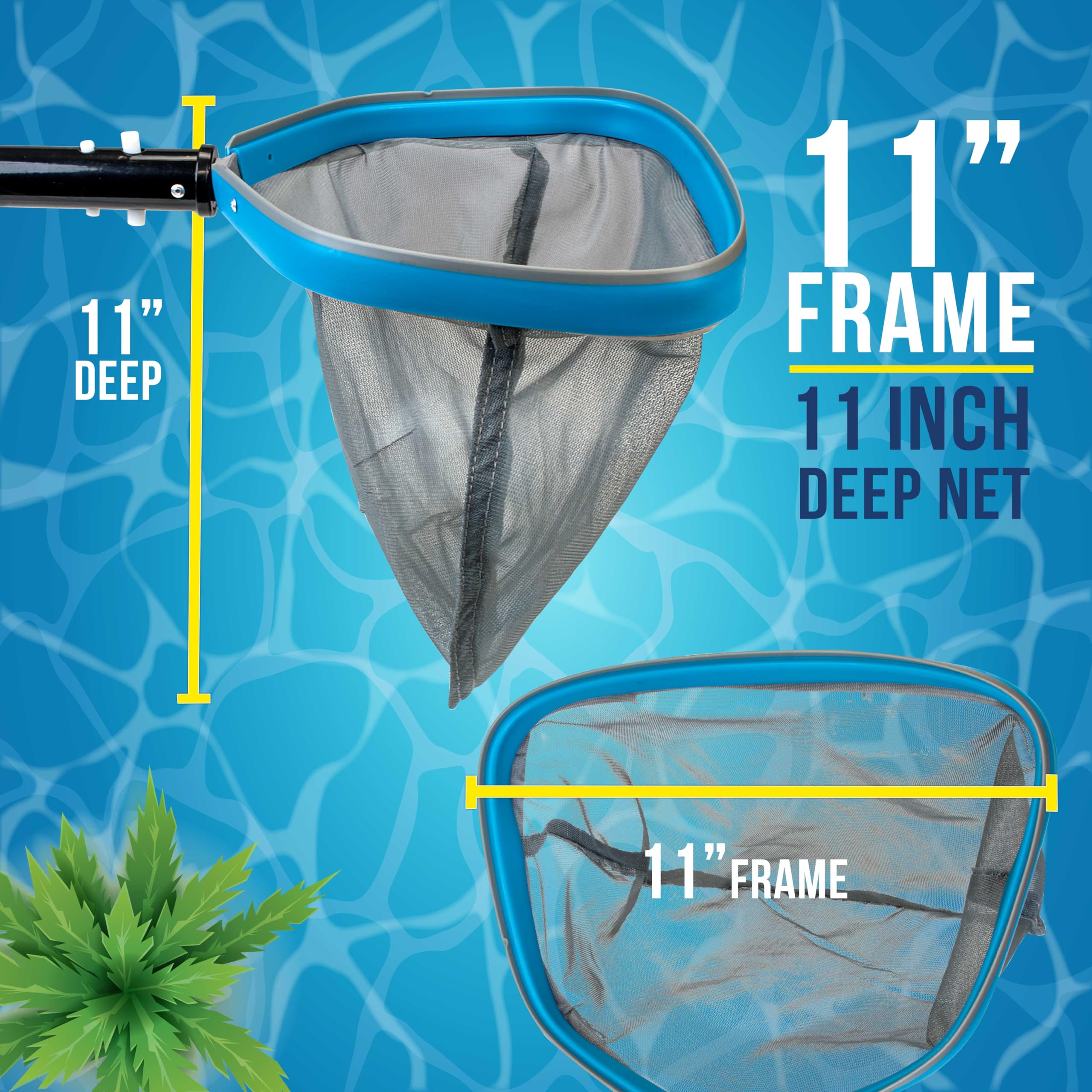 U.S. Pool Supply Red de rastrillo resistente de 11 pulgadas, red de rastrillo de hojas de spa, cesta de malla ultrafina de 11 pulgadas de profundidad, marco de aluminio fuerte, borde inclinado,