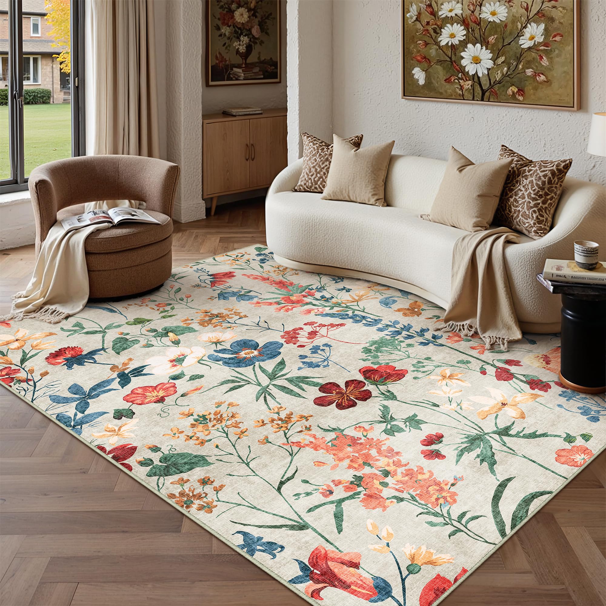 PureCozy Beige Area Rug 5x7 Floral Washable Living Room Kitchen Boho Carpet Non Slip Low Pile Indoor Accent Lightweight Soft Throw Rug for Bedroom