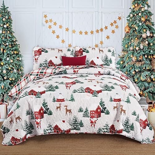 Miniatura 8 de Juego de edredón de Navidad, tamaño Queen, diseño de árbol de Navidad y ciervos de Navidad, muñeco de nieve, cubrecama ligero, decoraciones de