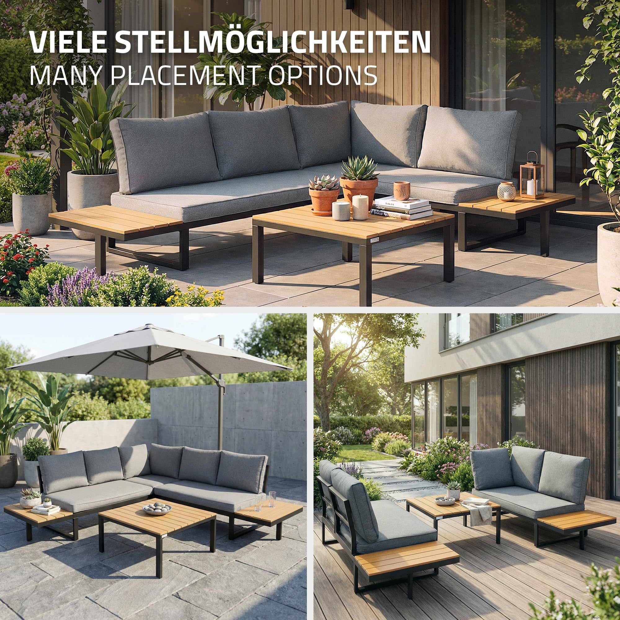 ML-Design Set Mobili da Giardino Grigio Effetto Legno 3 Pezzi con Tavolino e Cuscini, Divano Angolare per Terrazza e Balcone, Sedute Combinabili Resistenti alle Intemperie, Arredo Lounge Esterno