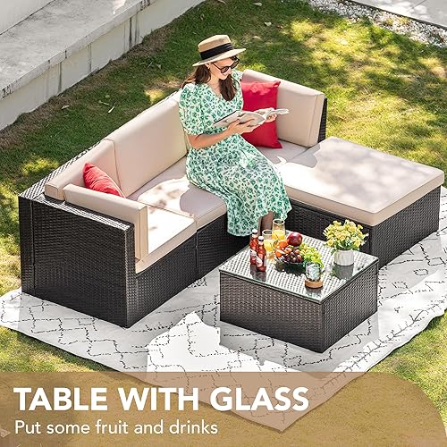 Miniatura 8 de Devoko juego de muebles de patio para todo tipo de climas para el aire libre sofá seccional tejido manual de ratán conjunto de sillones para patio