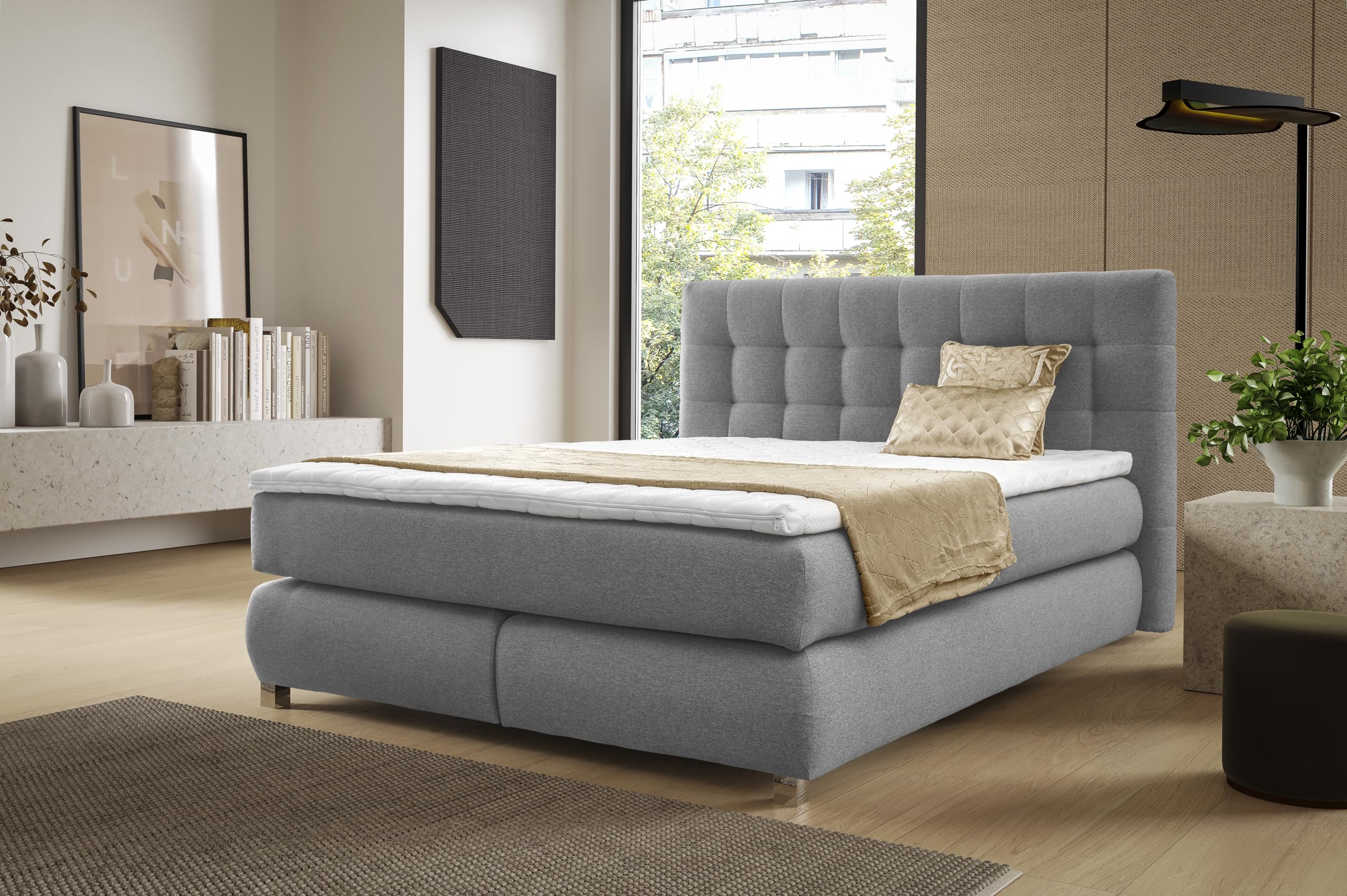 FURNISTAR Echtes Boxspringbett Blake mit Pocketmatratze und Bonellmatratze Familienbett mit Topper und Taschenmatratze Bett mit 2 Matratzen Polsterbett Schlafzimmer (180x200, Grau)