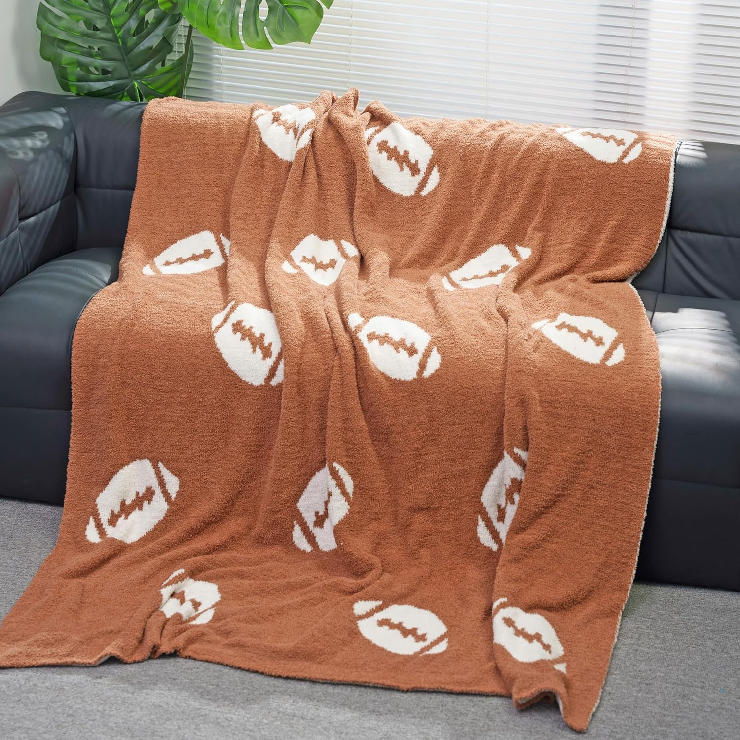 Soft Football Pattern Blanket Cozy Throw Blanket Perfect for Home Decor and Gift Giving, Rugby Sports Blanket Plush Bedding Created for Adults, Dark Brown, 51"x63" Rugby/Dark Brown 50"x60"
