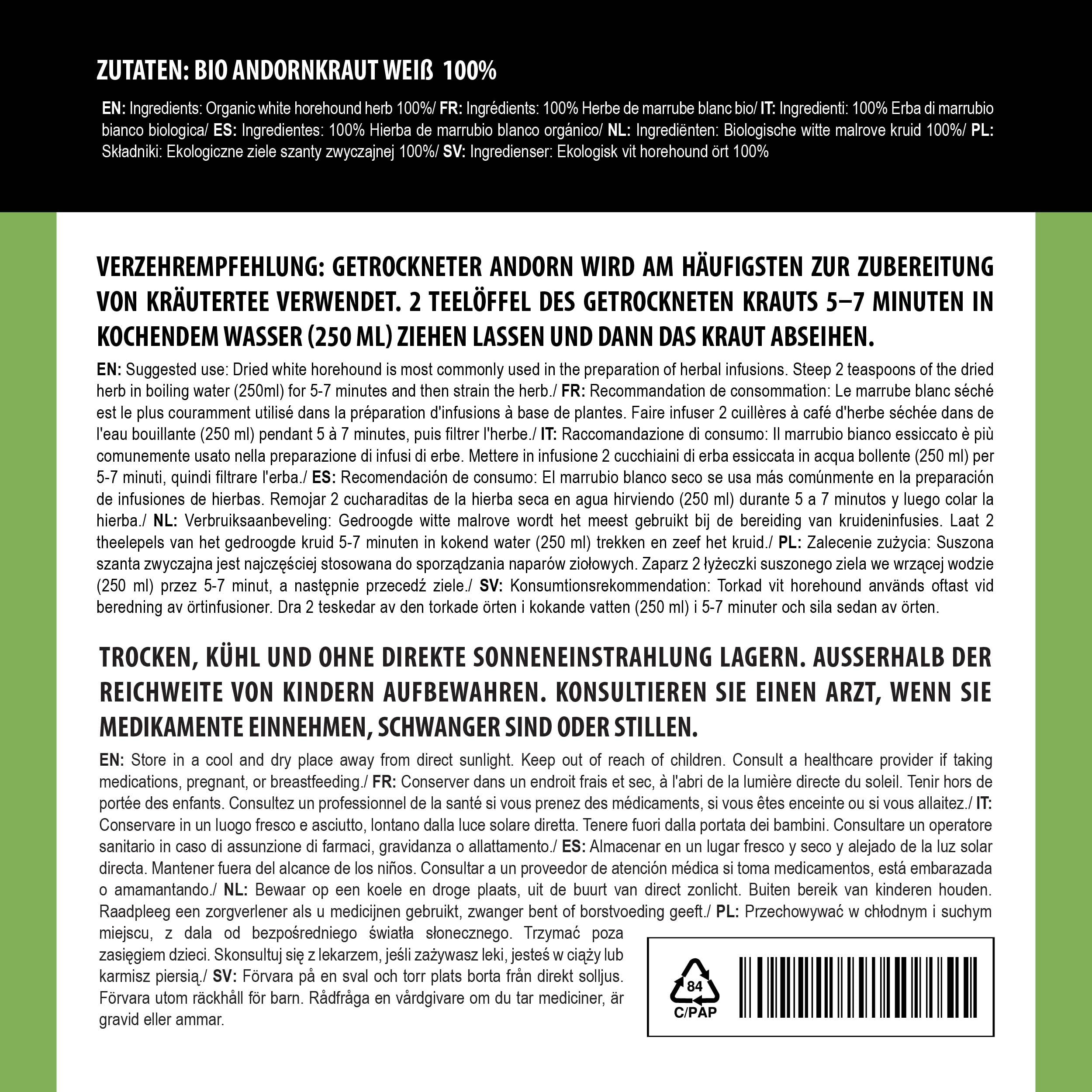 Alpi Nature Andorn Tee BIO 500g, Andornkraut getrocknet und geschnitten, Andornkraut Tee lose (Packung mit 2)
