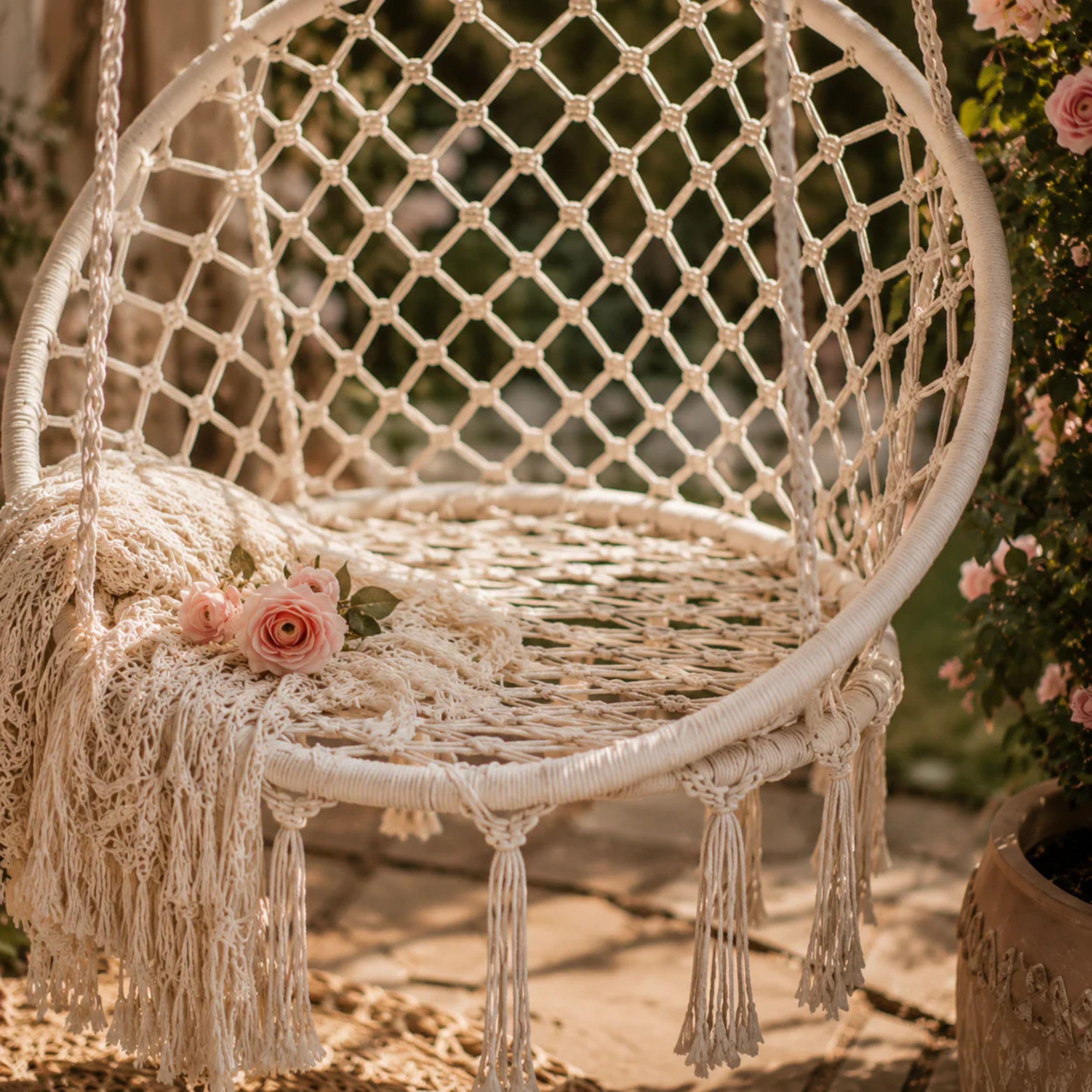 Viron Poltrona Sospesa Da Esterno Ø80x95h cm Dondolo Da Giardino In Corda Di Cotone Intrecciato Bianco