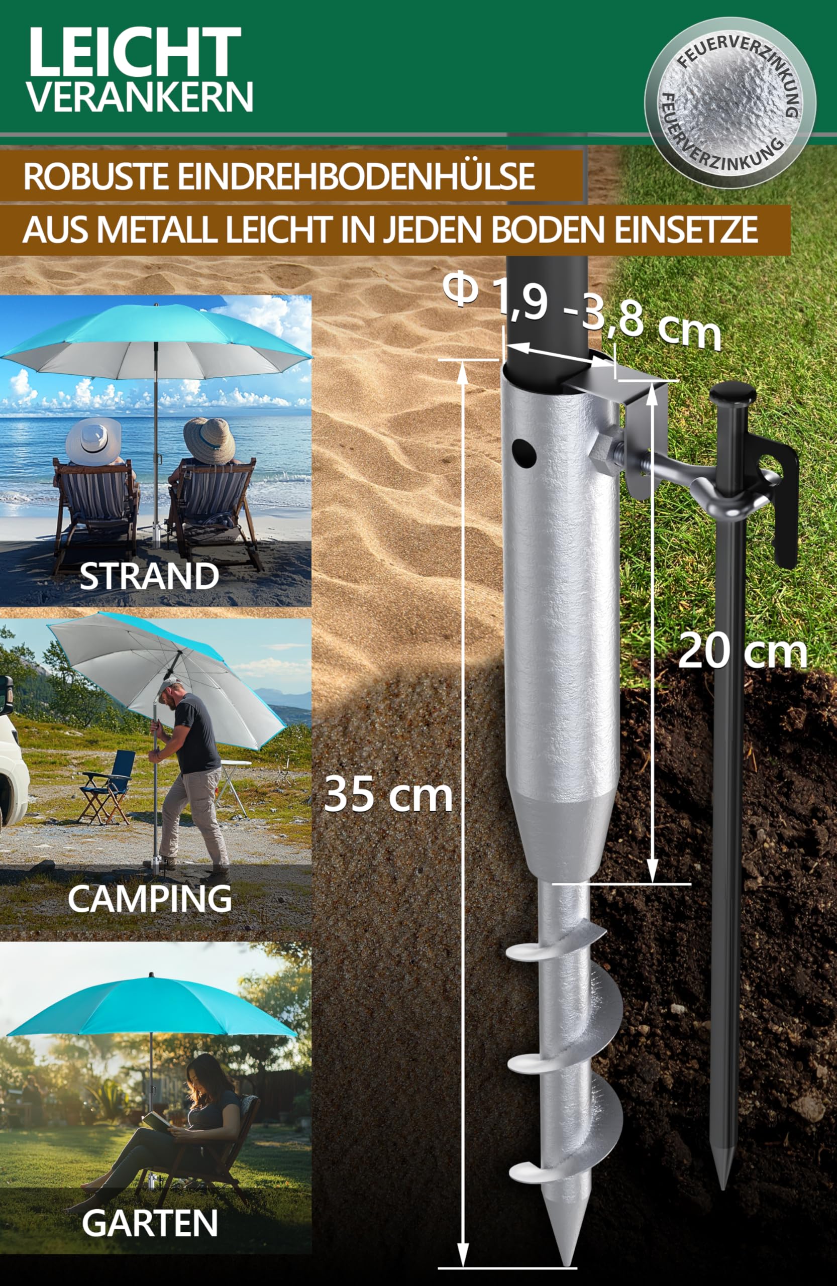 Menz Sonnenschirm Strand 3-in-1 Set, Ø 180 cm, Türkis, Strandschirm Windfest Stabil, UV50 Sonnenschutz Strand, Einschraubhülse & Schirmhülle, Höhenverstellbar, Flexibles Schatten für Garten