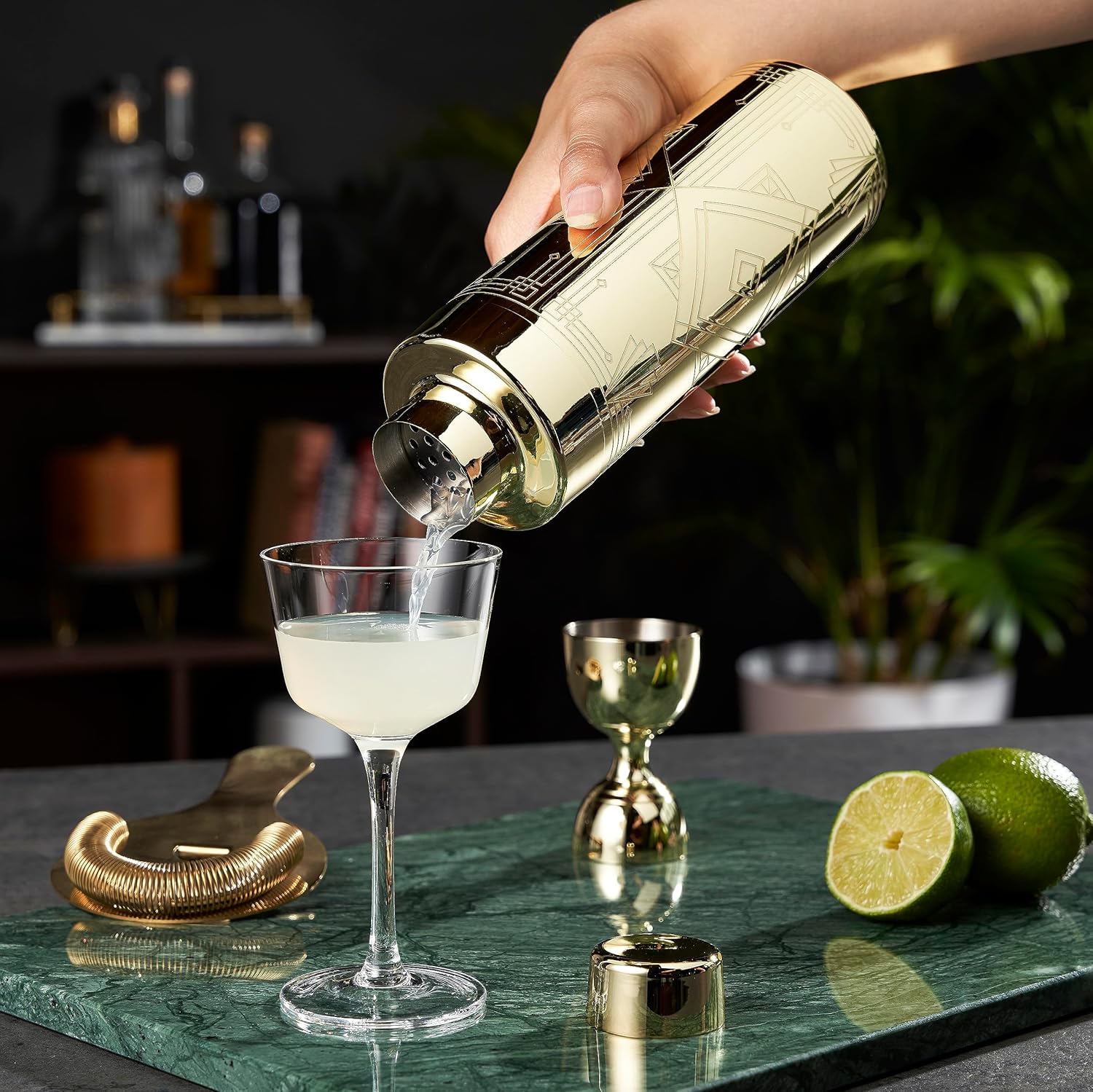 Gold Art Deco Stainless Steel Cocktail Shaker with Strainer