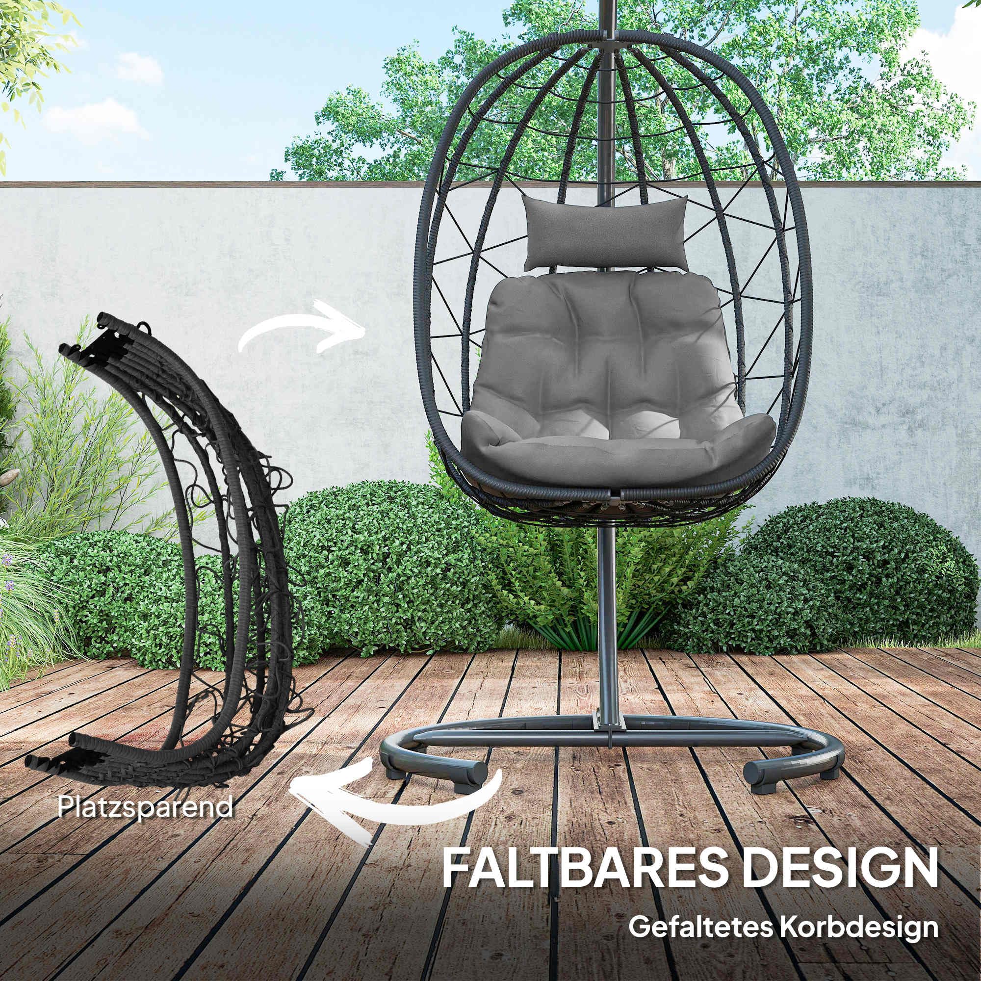 Outsunny Hängesessel Rattan Hängestuhl Indoor Outdoor 195 cm Dunkelgrau | Schaukelkorb, inkl. Gestell, Kissen, Wasserdichte Abdeckung, für Terrasse, Garten, bis zu 150 kg