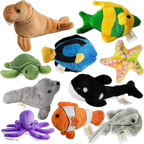 PREXTEX 10 animales marinos de peluche suaves – Pequeños animales de peluche a granel – Juego surtido de vida marina de felpa, tortuga, mantarraya,