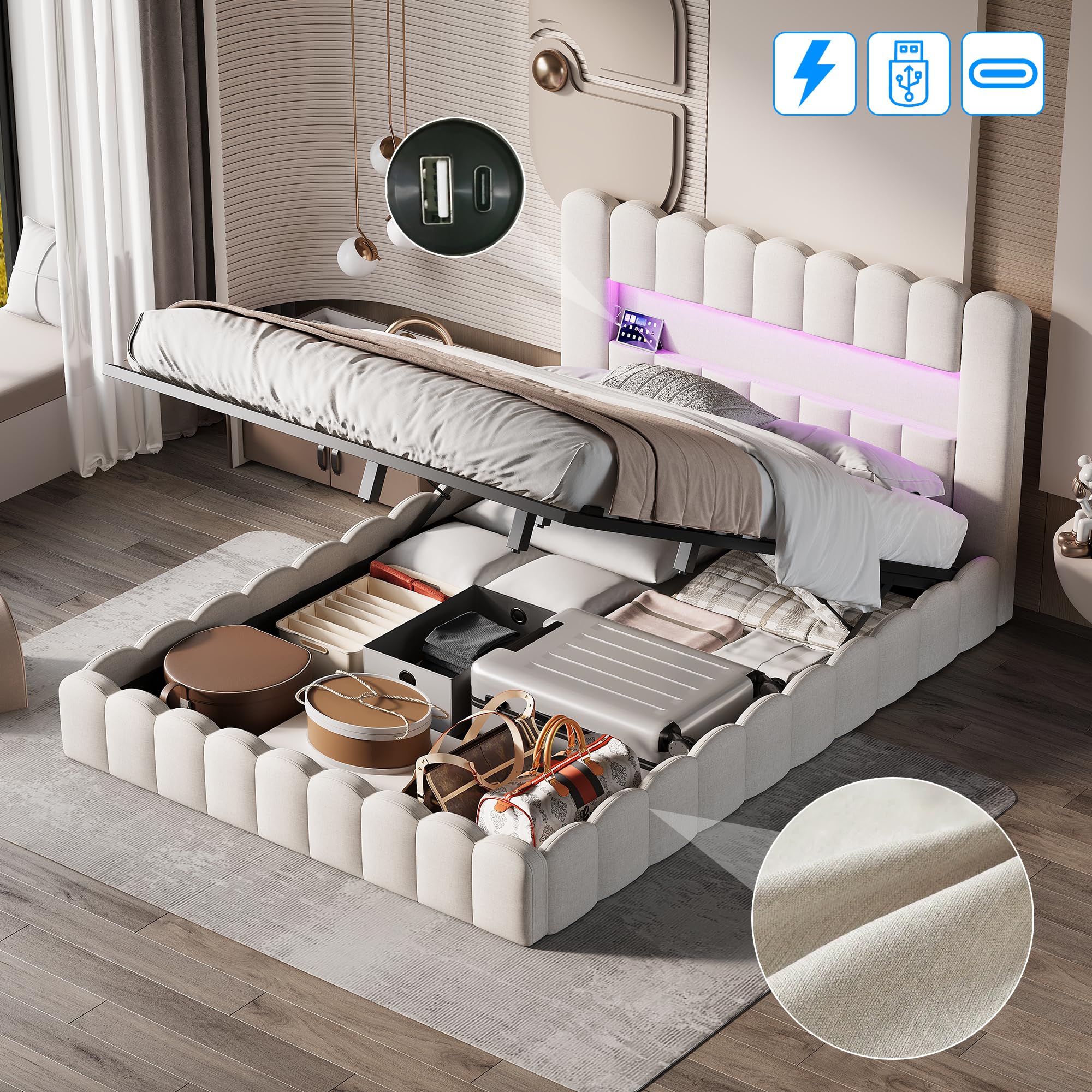 BRILVERDE Letto imbottito 180x200,Letto matrimoniale con contenitore,Testiera con illuminazione a LED e ricarica USB, con rete a doghe, Beige, lino, materasso non incluso