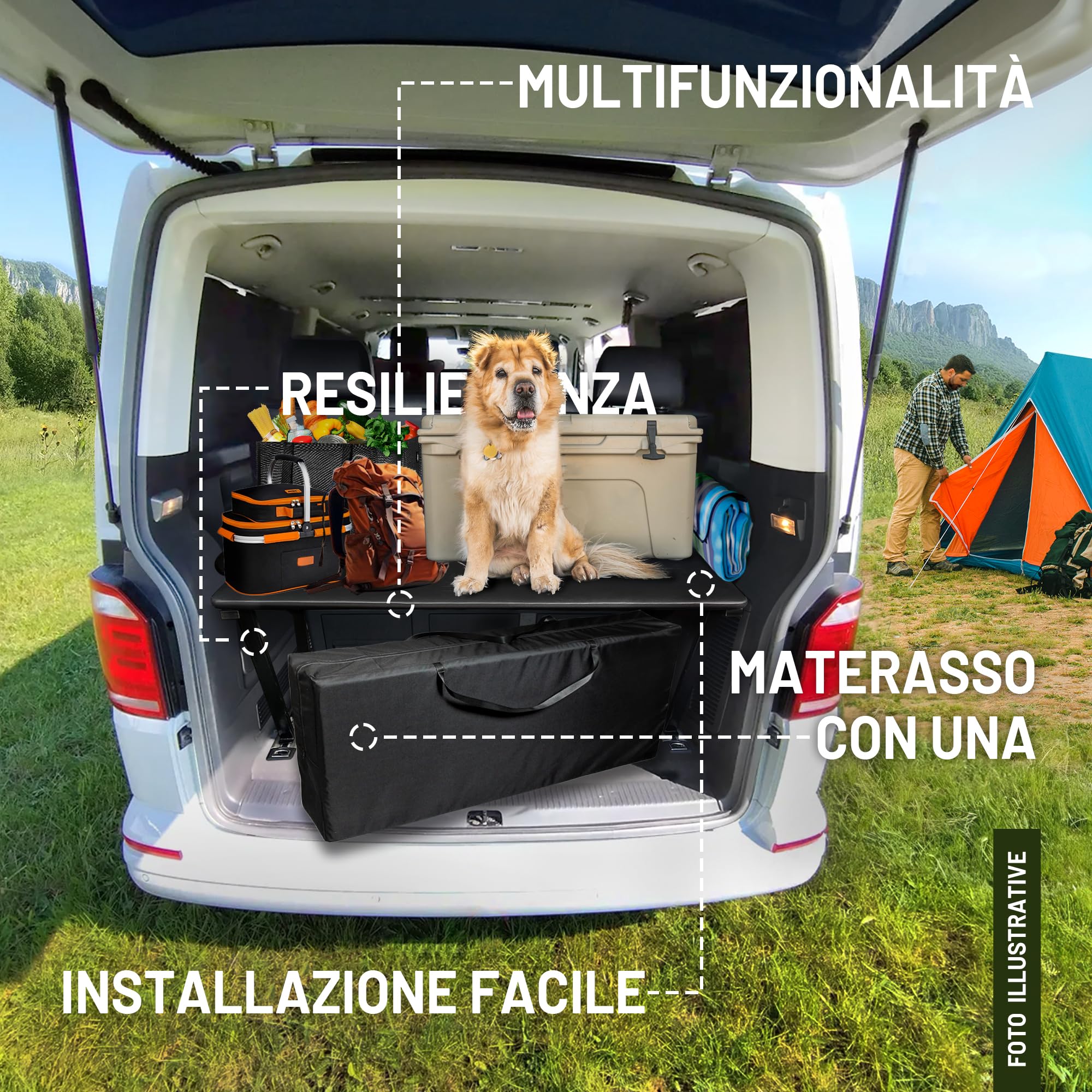 CHROMEMASTER Compatibile con Ford Tourneo Custom II 2023+; Set: Letto Pieghevole per Auto e Materasso per Auto, Materasso Pieghevole; Prolunga del Letto Multiflexboard, Tavolo; Accessori per il Camper