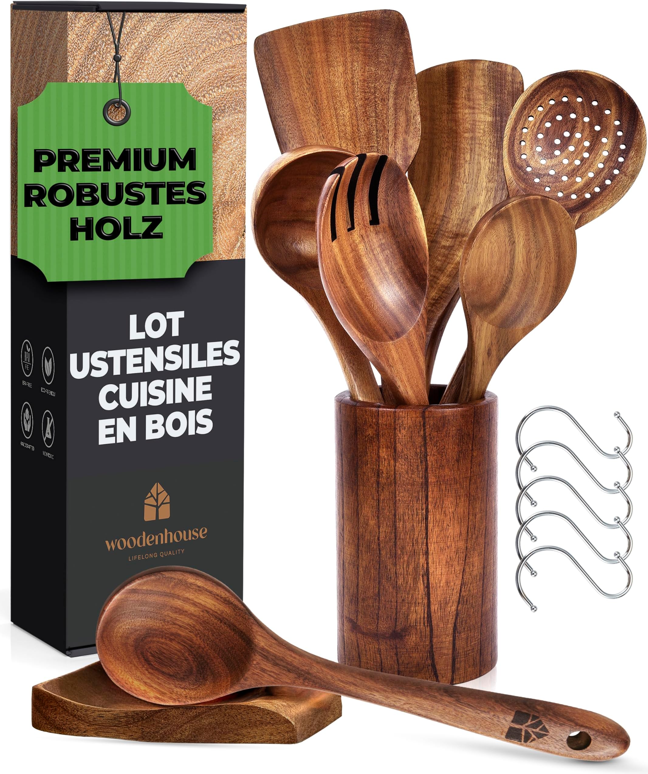 Ustensiles De Cuisine En Bambou - Lot De 6 (spatules, Cuillères) 30cm, Anti-rayures, Pour Poêles Antiadhésives