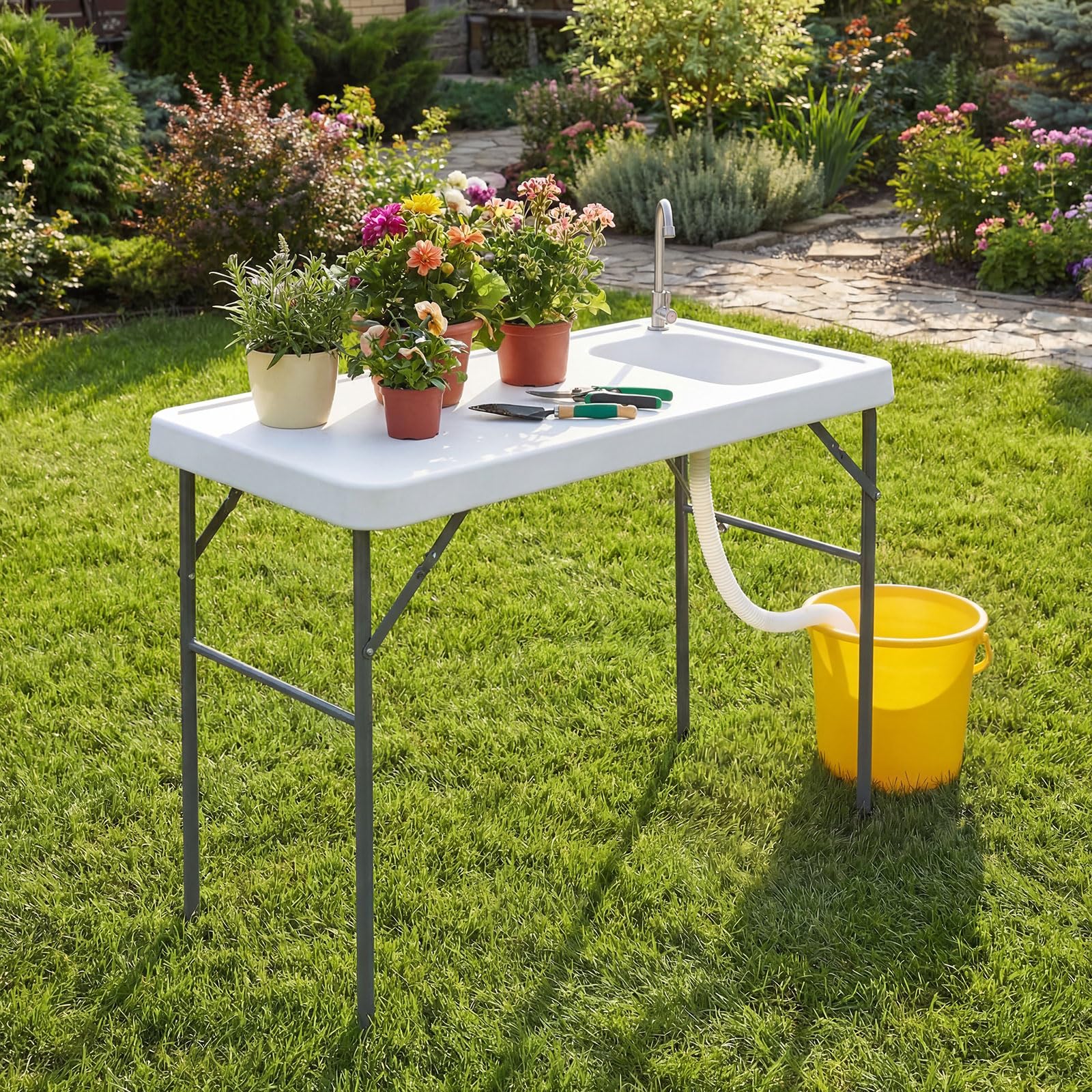 COSTWAY Fischreinigungstisch klappbar, Filetiertisch mit Spüle, Wasserhahn & Messskala, Campingtisch für Garten, Terrasse & zum Angeln, 104 x 59 x 76 cm, Weiß