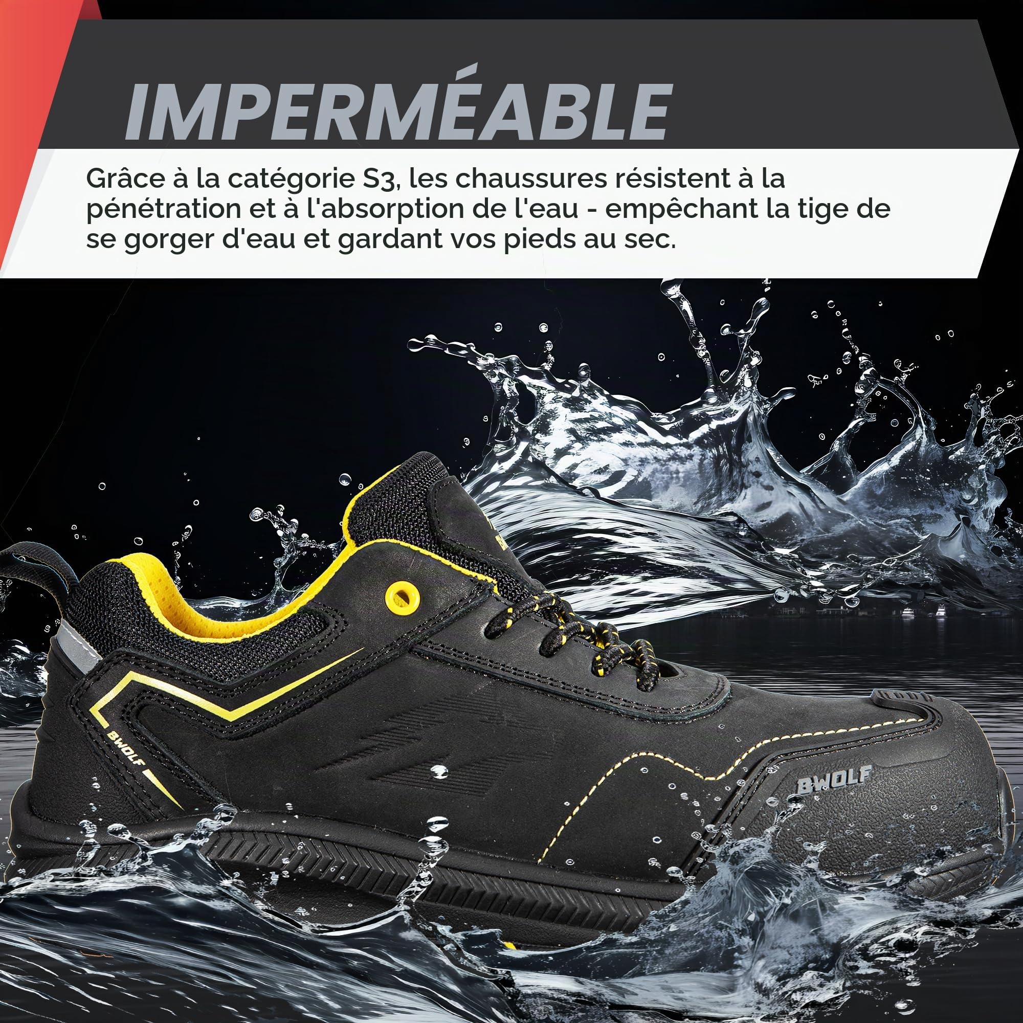 BWOLF Phoenix S3S Chaussures de Travail pour Homme S3 S3 Nabuk Imperméables Antidérapantes 4 x 4 Grip Tech Semelles Ergo