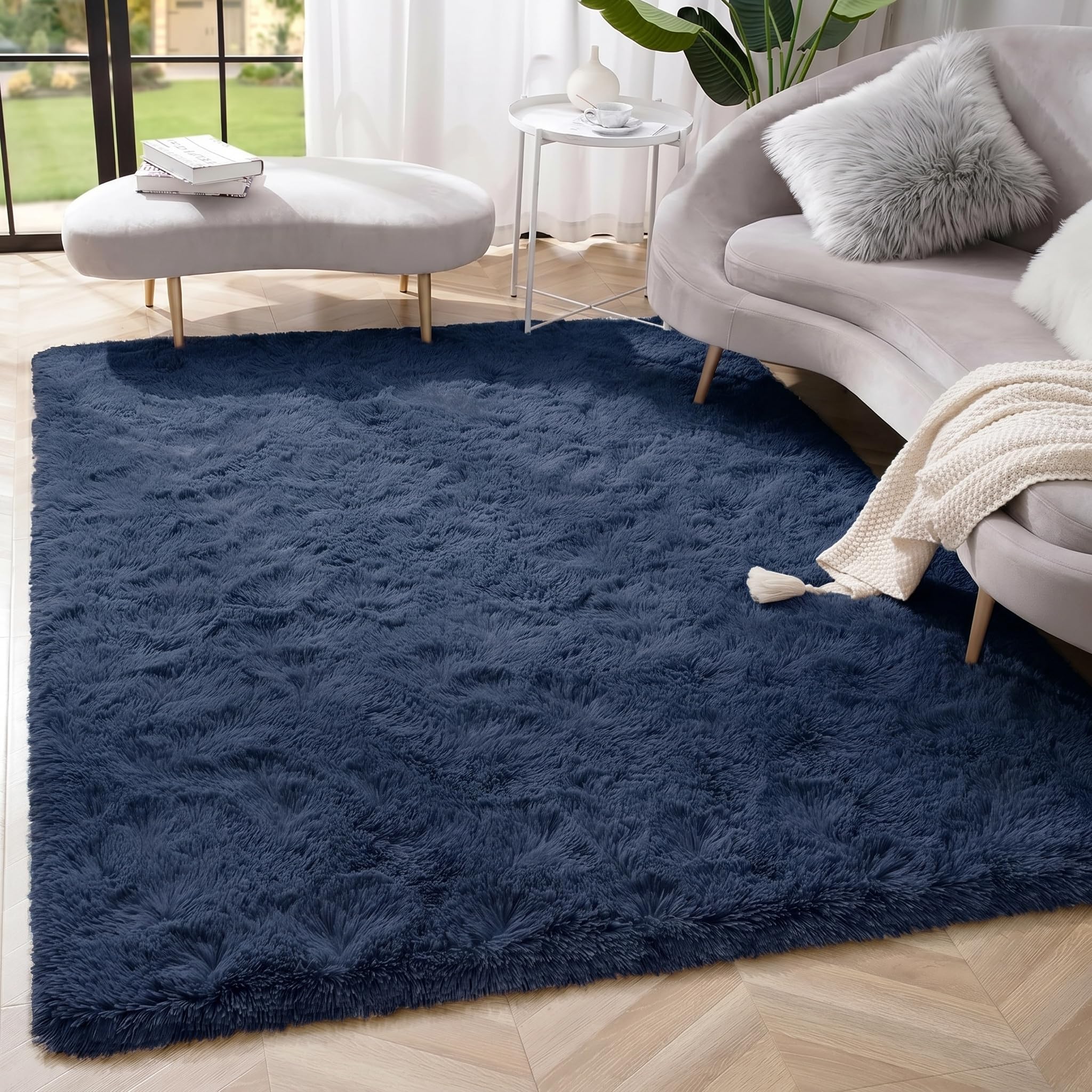 INSPIRE HOMEWARE Bedside Rugs for Bedroom 120 x 170 cm, Fluffy Navy Blue Area Rugs for Living Room - Non Shedding Modern High Pile Plush Carpet for Hallway, Soft Nursery Rug for Kids Room