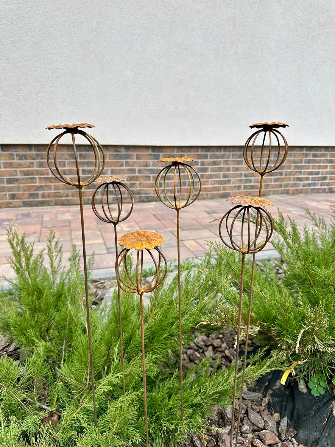 Rusty Flowers Set of 6, Poppy Seed Head Garden Decor, Garden Art, Yard Ornaments, Outdoor Metal Decor, Rustic Metal Sculpture