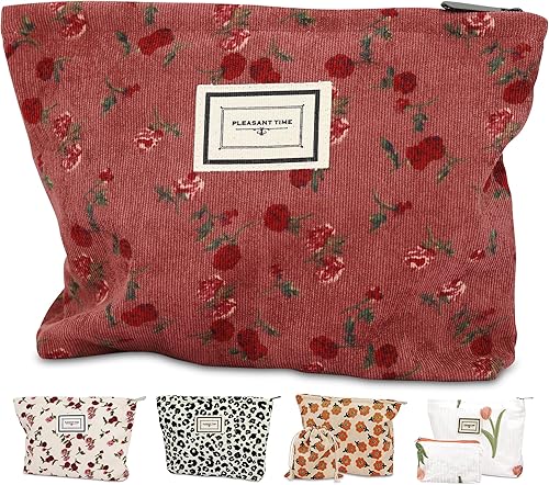 SHOW-YA Bolsa de maquillaje, bolsas de cosméticos de flores, paquete de 2 unidades para mujeres y niñas, bolsa de aseo de viaje, organizador de