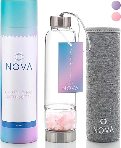Crystal Elixir - Botella de agua motivacional transparente con infusión + funda protectora + piedras curativas de cristales extraíbles  Botella de