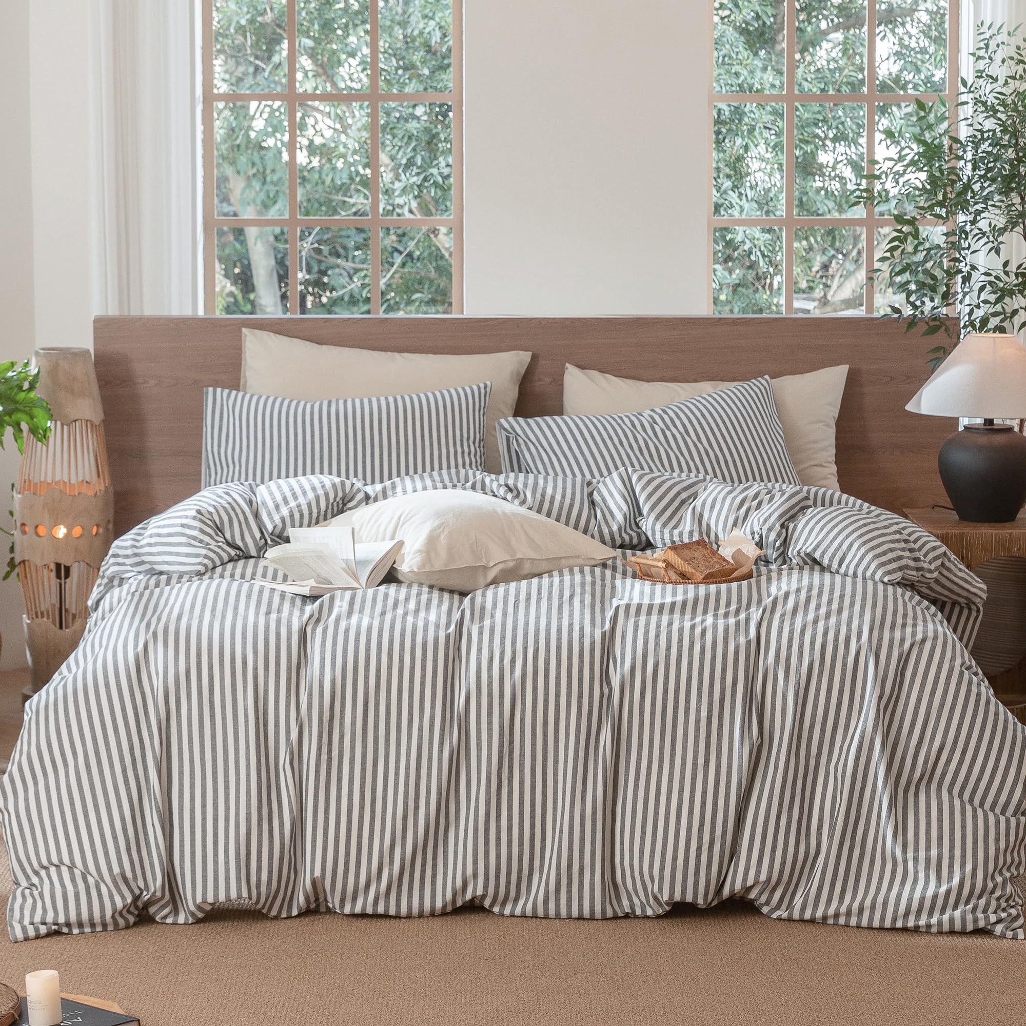 MooMee Striped Duvet Cover Set 100% Washed Cotton Linen Like Oversized King
