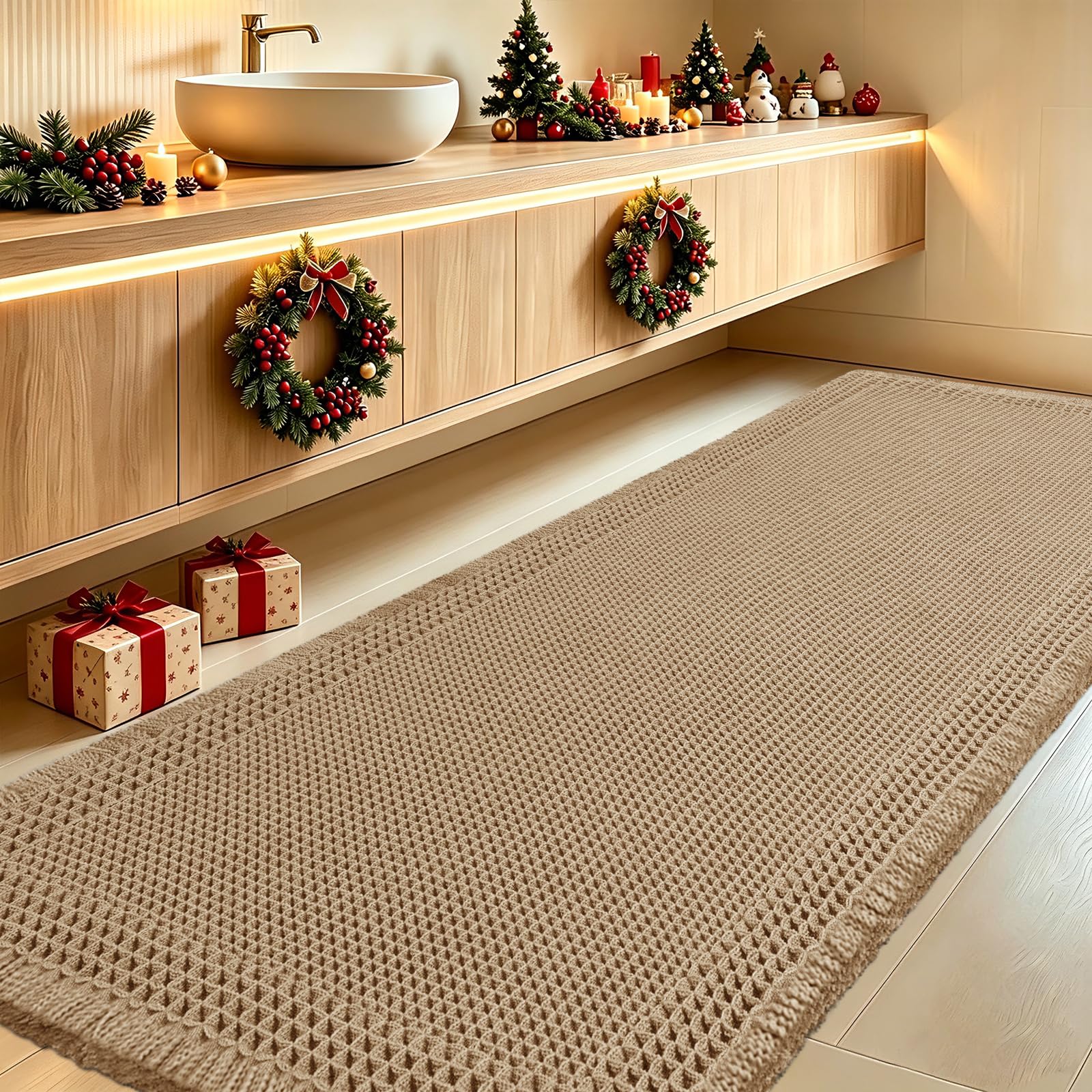IM HOME Extra Large Waffle Bath Mat, Boho Bathroom Rugs Absorbent Non Slip, Ultra Soft Bathroom Mat, Machine Washable Knit Bath Rugs with Border for Bathroom, Bedroom, Kitchen, Tub, 5'x2', Beige