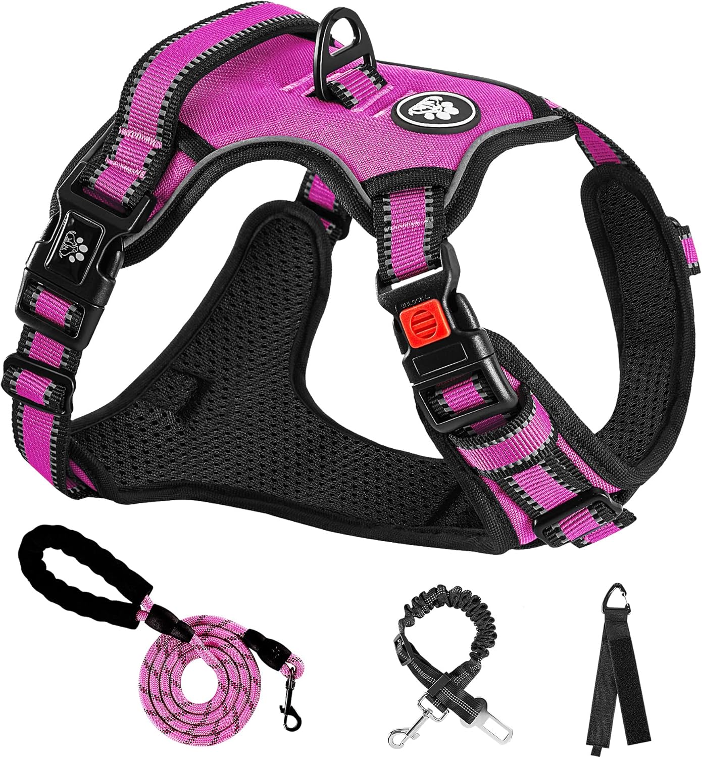 NESTROAD Anti-Pull H-Harness Dog Collar and Leash Car, Safety Belt Dogs Anti-Escape Pink Red, Size M for Medium Dogs, Neck 33~43 cm Chest 43~64, Dogs Basic Accessories 2