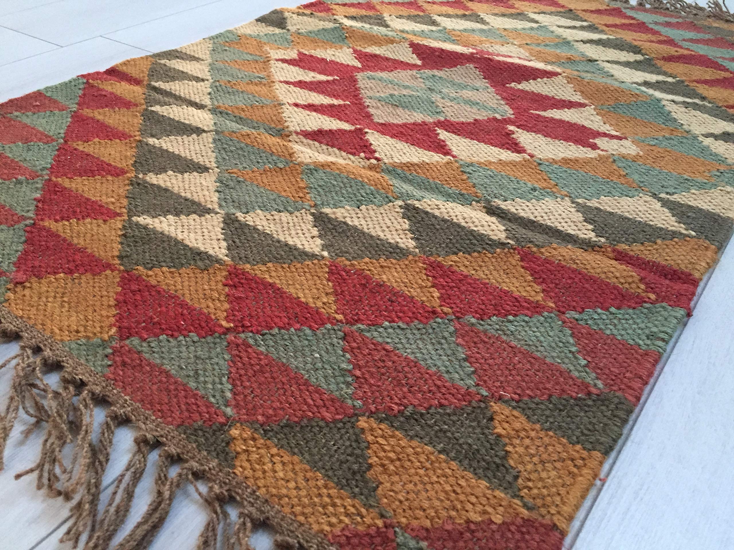 Kilim Rug Jute Hand Knotted Indian Maroon Green 60x90cm Style Afgan