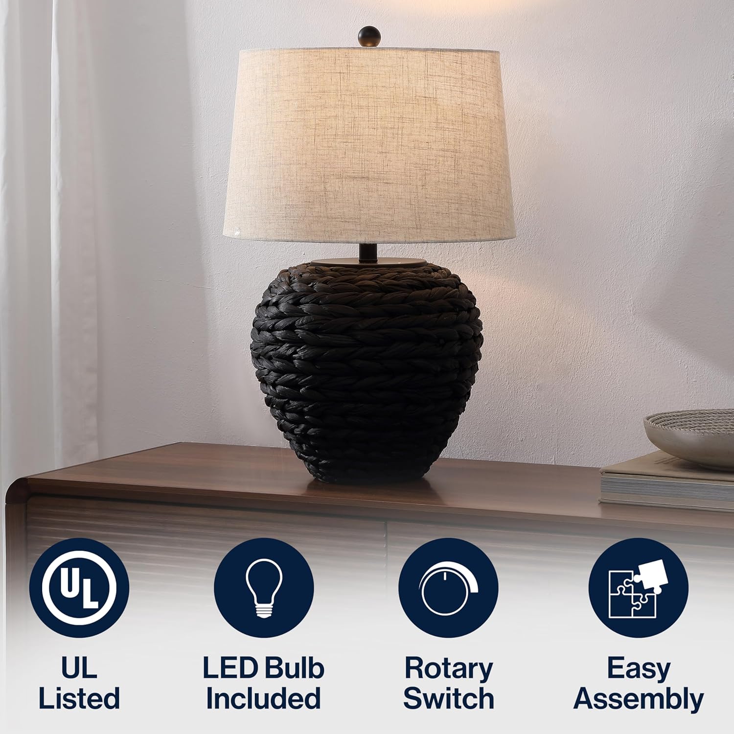 JONATHAN Y 24.5" Black Water Hyacinth Farmhouse Basket Table Lamp, Coastal Decor for Living Room Bedroom Nightstand, Light Gray Linen Shade, LED Bulb Included (JYL6501D)
