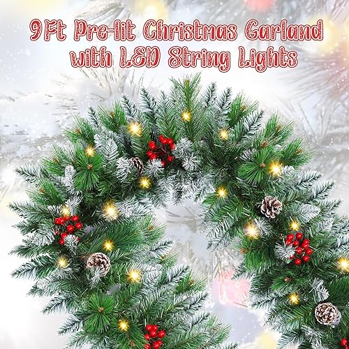 Miniatura 4 de Guirnalda de Navidad, guirnalda de Navidad con luces, decoración de Navidad, 9 pies8.9 ft, para manto, hogar, escaleras, chimenea, porche, puerta,