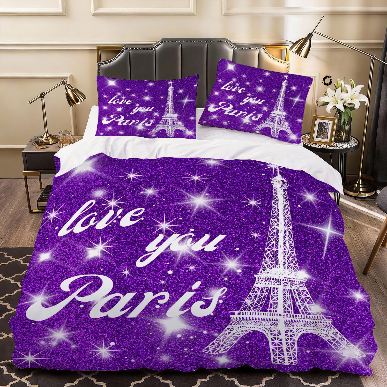 3D Eiffel Tower Duvet Cover Cartoon Bedding Single Bed Set, Soft Microfiber Comforter Cover Printed with Zipper Closure Quilt Coverr 135x200 cm and 2 Pillowcases