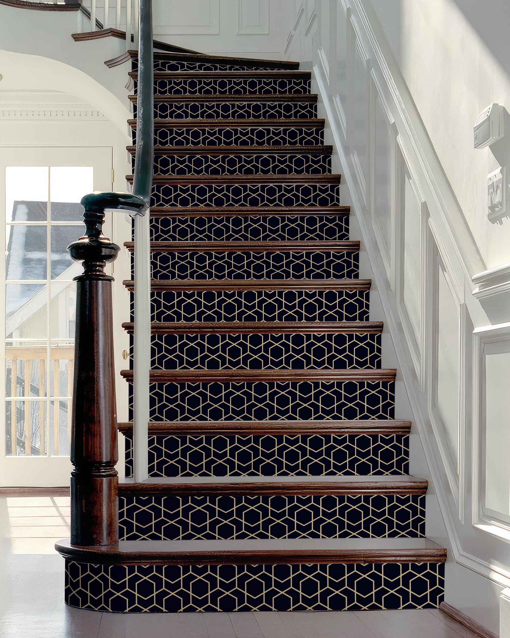 Photo 1 of ***STYLE MAY DIFFER*** FLFK Rhombic Black and Gold Texture Stair Stickers - Set of 15, Peel and Stick Stair Riser Decals, 39.3"x7.08"