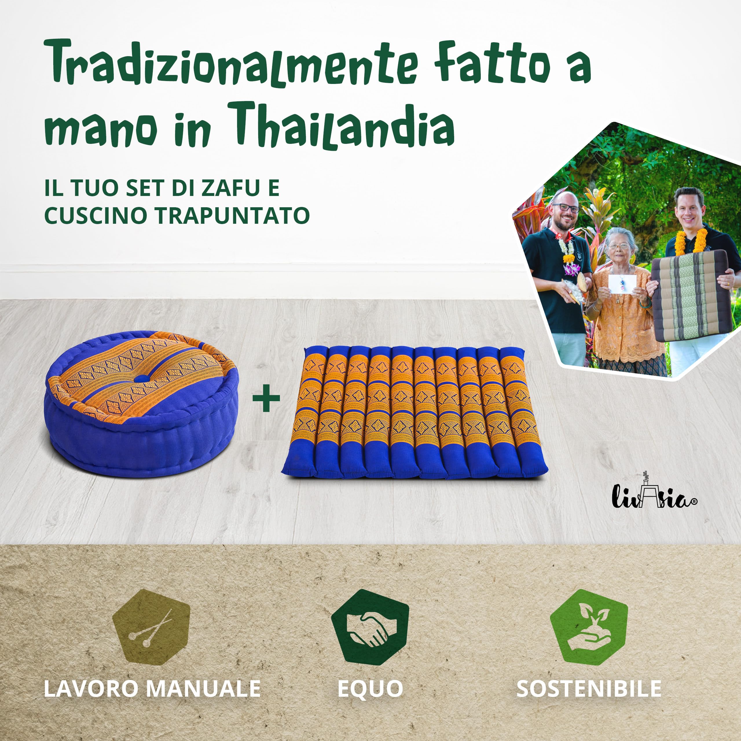 livasia Set Meditazione L - Ø 38x15cm/tappetino 50x50x4,5cm - Set Yoga con Cuscino e Tappetino, Pouf, Tappetino e Cuscino Yoga Fatto a Mano con kapok, Cuscino Pavimento, Cuscino zafu (Blu/Giallo)