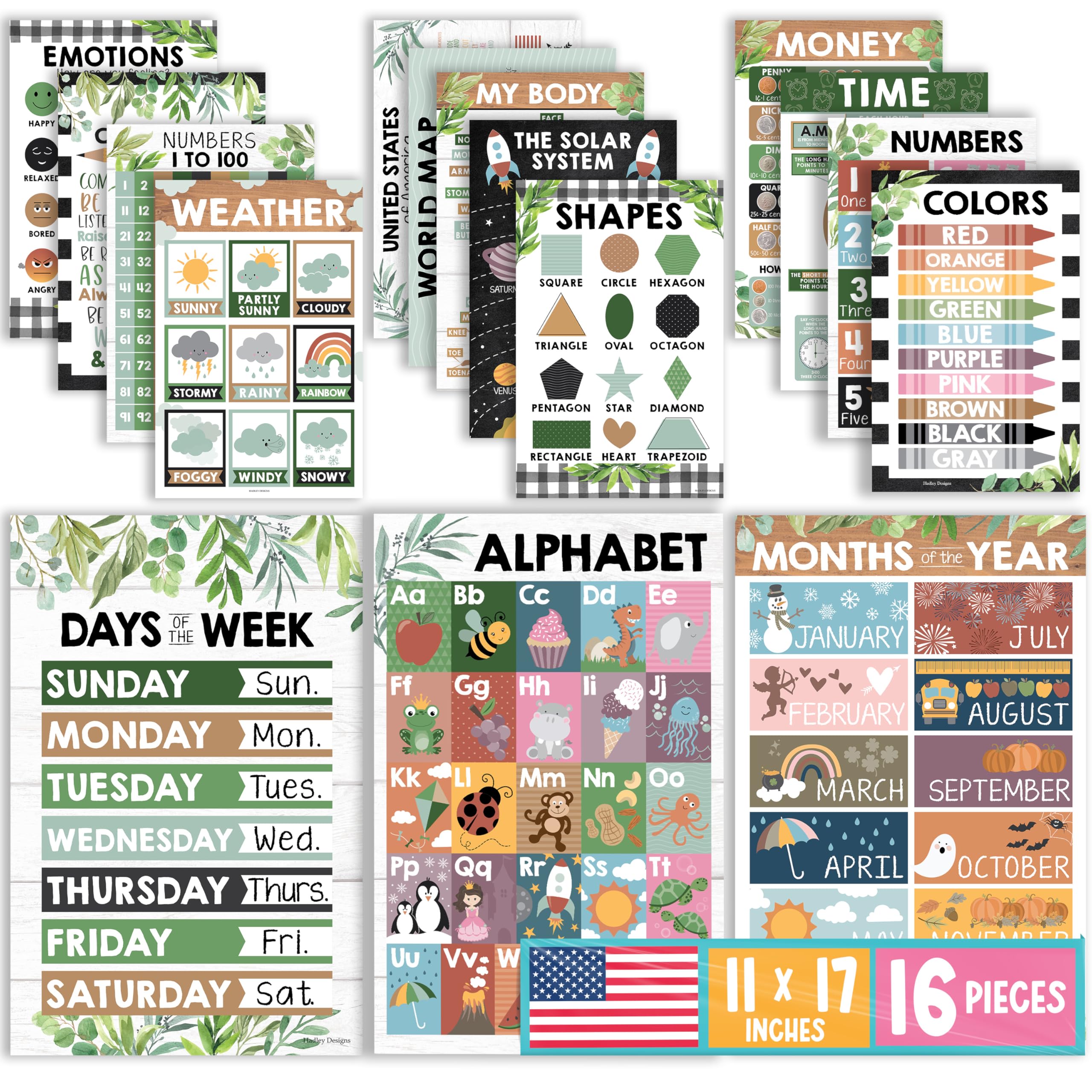 Hadley Designs 16 Educational Posters for Toddlers 1-3 - Learning Poster for Kids Ages 3-5, Alphabet Chart Playroom Homeschool Daycare & Classroom