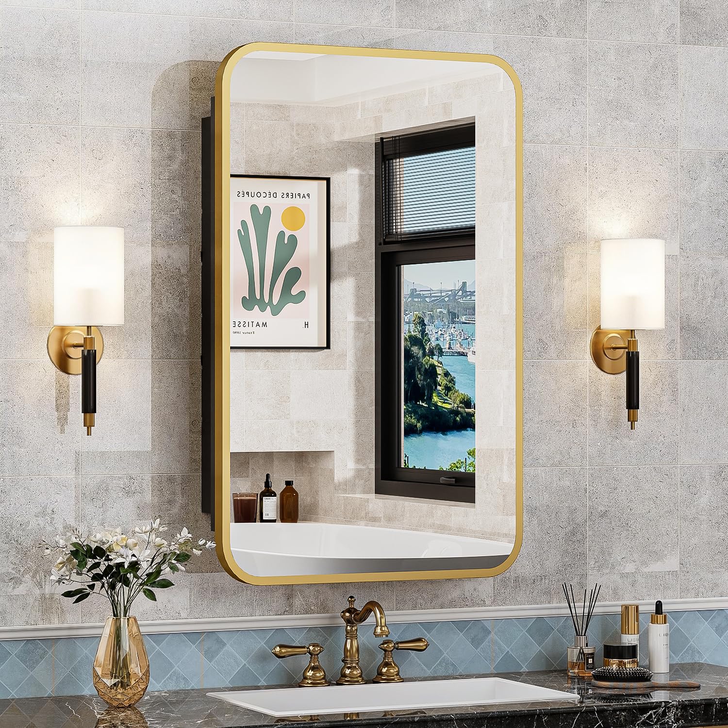 ACEMIRO 16x24 Inch Mirror Medicine Cabinet for Bathroom Gold Metal Frame Bathroom Medicine Cabinet with Mirror Recessed or Wall Mounted