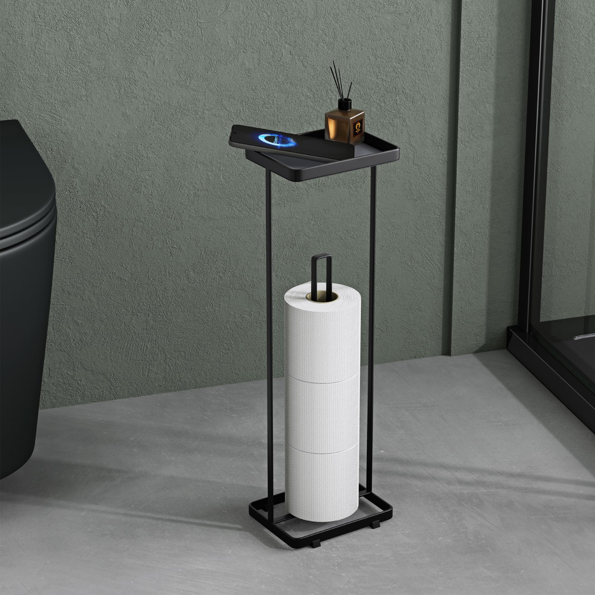 Mai & Mai Matte Black Toilet Roll Holder Free Standing, Bathroom Toilet Paper Holder Stand With Storage Shelf, Freestanding Loo Roll Holder For Bathroom, Reglo-04,