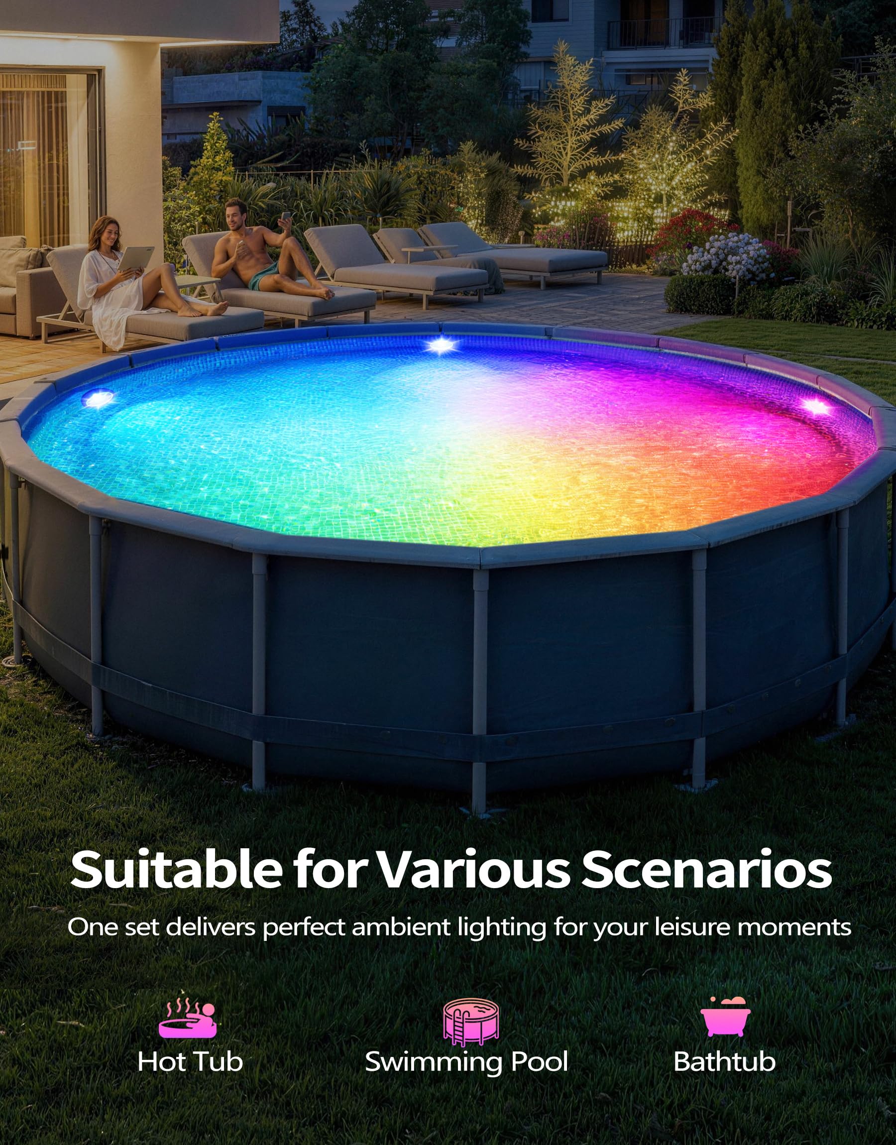 PoolLeader Poolbeleuchtung Unterwasser mit Fernbedienung, Farbwechselnde Whirlpool Lichter Unterwasser, Schwimmende Poolbeleuchtung mit Magnet/Saugnäpfe/Eisenplatte, Badewanne licht für Spa - 2 Stück