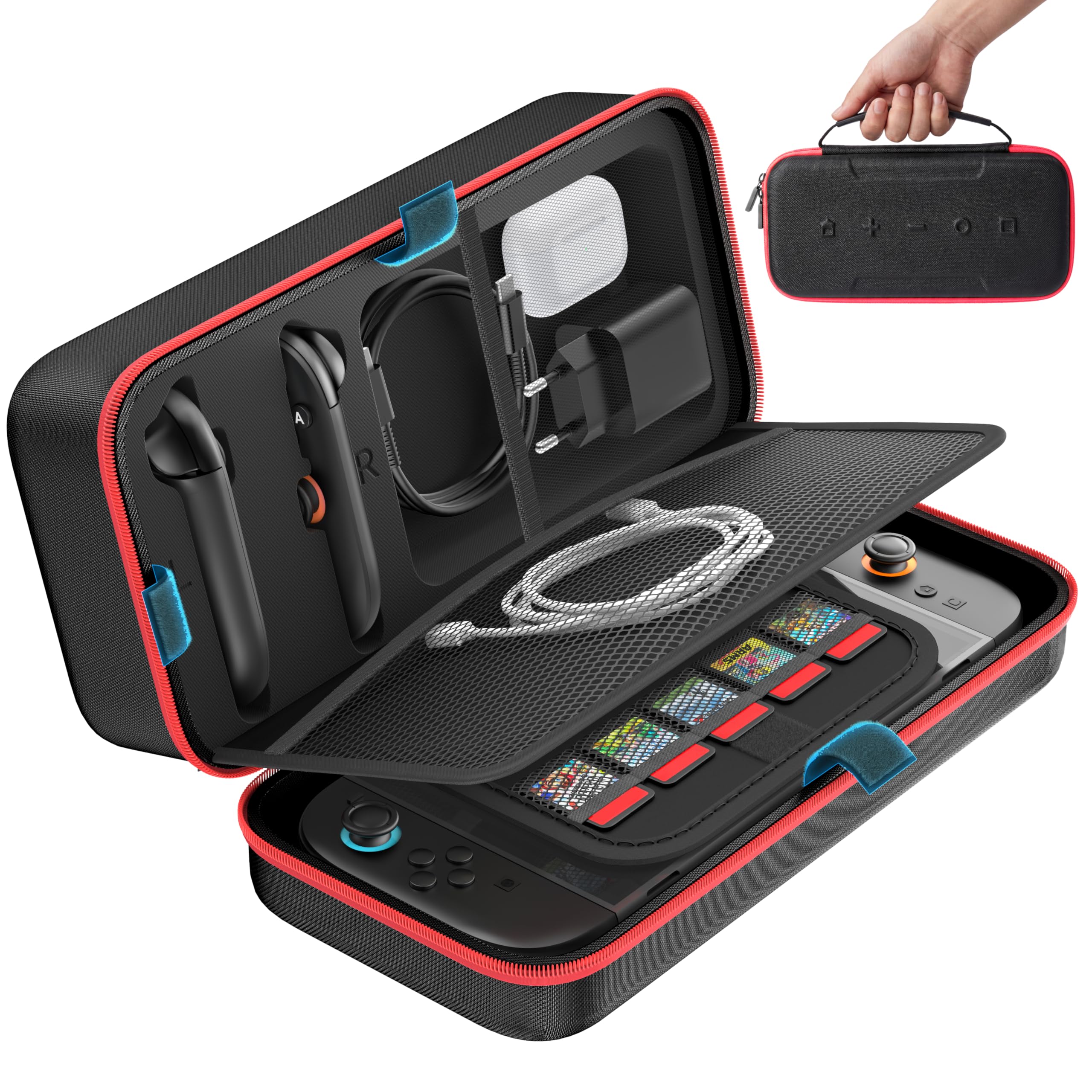 Custodia per Nintendo Switch 2025, Custodia da Viaggio Portatile per Switch 2/OLED/Original con Cinturino in Rete per Organizzare i Cavi, Case Switch 2 Rigida per Joy-Con 2 con 26 Slot Gioco, Rosso - 1