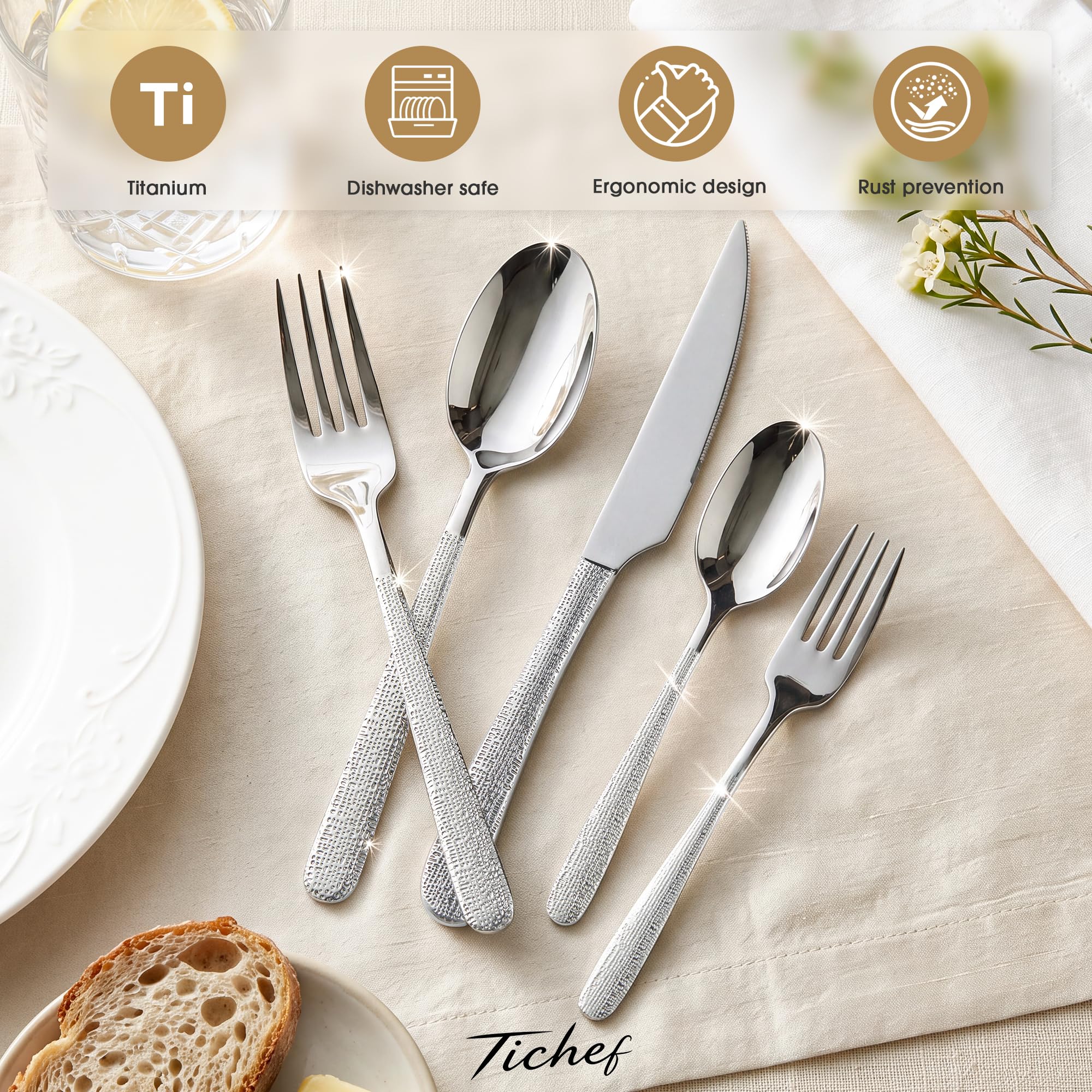 Titanium Silverware Set for 4, 20 Pcs Hammered Silverware Set — Amazon image 3