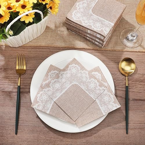 Miniatura 4 de Jinei 100 servilletas de papel de arpillera, toallas de baño para invitados, toallas de mano desechables de encaje para boda, 2 capas, servilletas