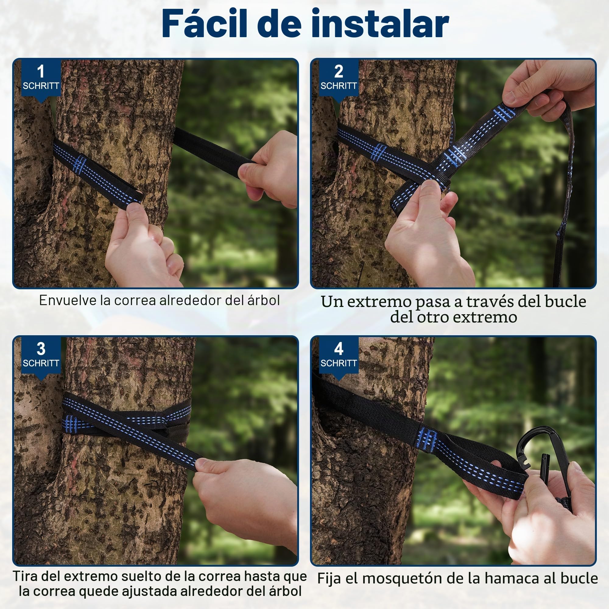 hamaca de camping al aire libre, hamacas de paracaídas portátiles superligeras con dos correas de árbol, nailon para árbol de viaje (azul lago, 280 x 140 cm)