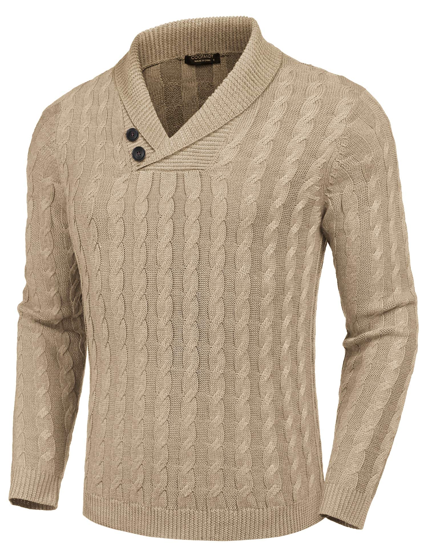 COOFANDY Men's Shawl Collar Pullover Sweater Slim Fit Casual Button Cable Knit Sweaters