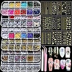 Teenitor Nail Charms Nail Gems with 15 Sheets Gold Nail Stickers, 6 Boxes of Rhinestones for Nails Art Tools, 3D Nail Decals Pearls for Nails