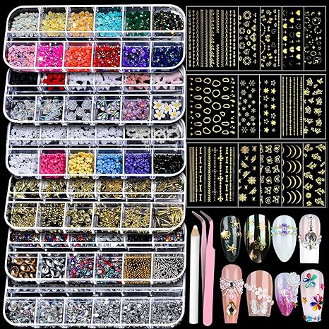 Teenitor Nail Charms Kit 6 Boxes Rhinestones & 15 Sheets Gold Nail Stickers for 3D Nail Art