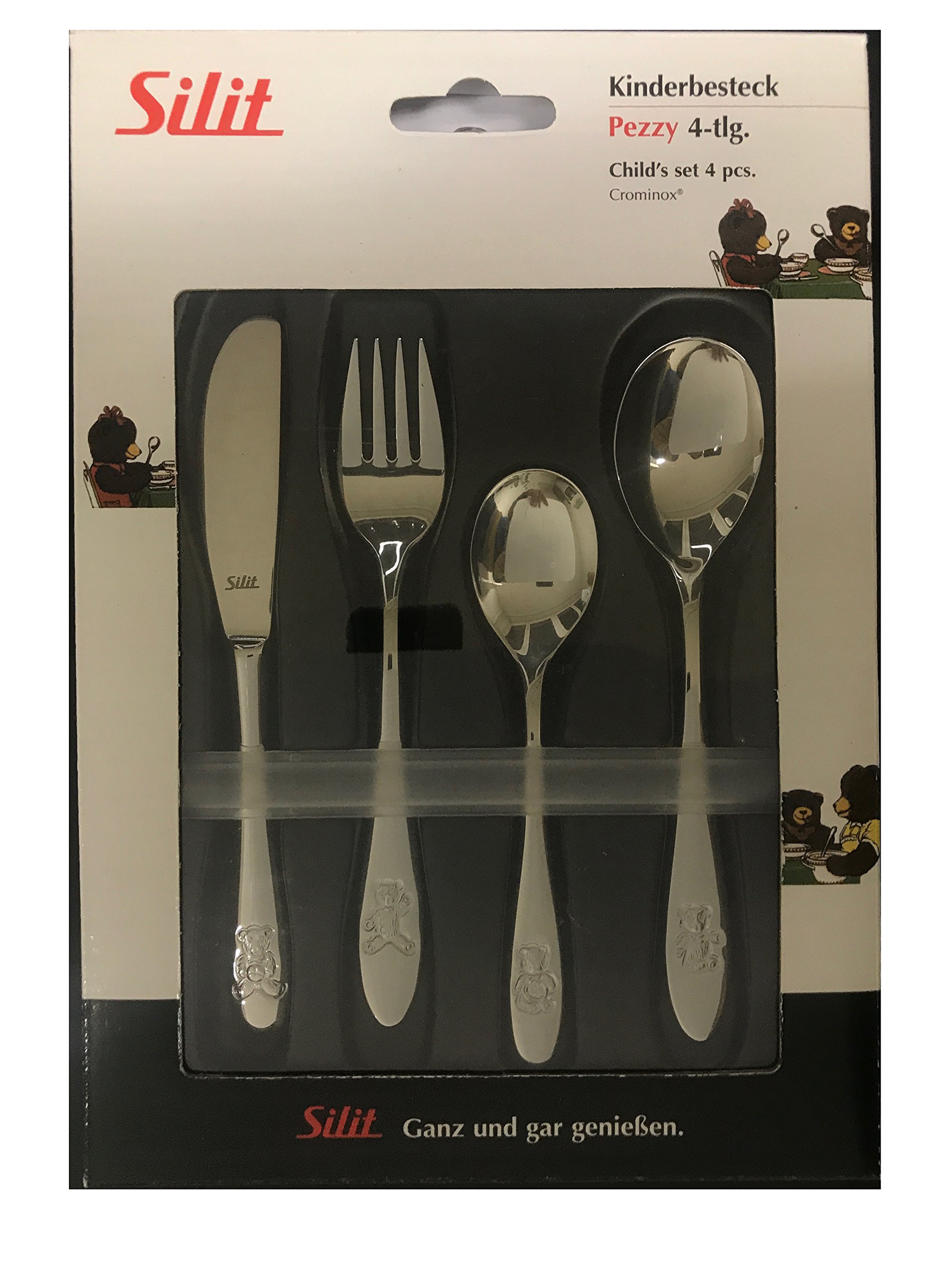 SILIT Posate per bambini con incisione del nome / Motivo: Pezzy / 4 pezzi (tutti 4 pezzi con nome inciso) / In acciaio inox / incisione a scelta tra 4 fonte diverse