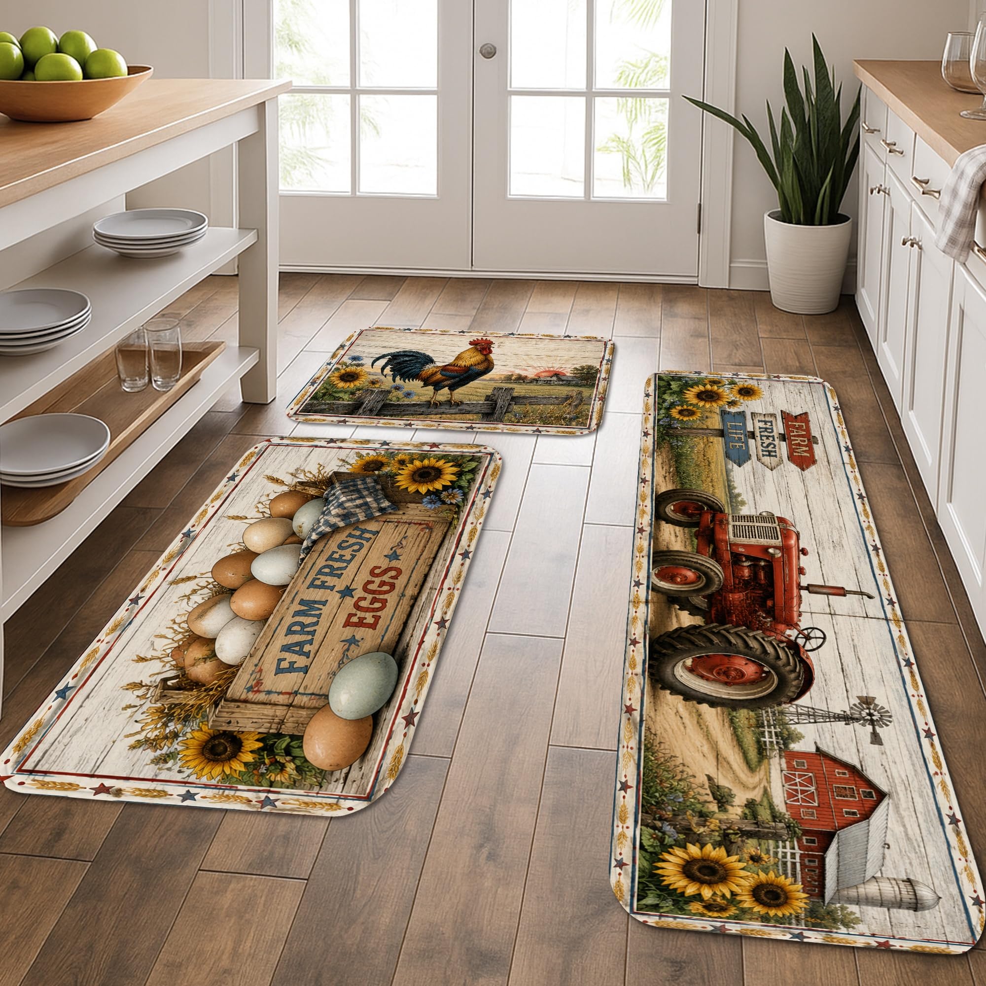 Tapis de cuisine rembourré lot de 3 motif coq et tracteur vintage tapis lavable de sol