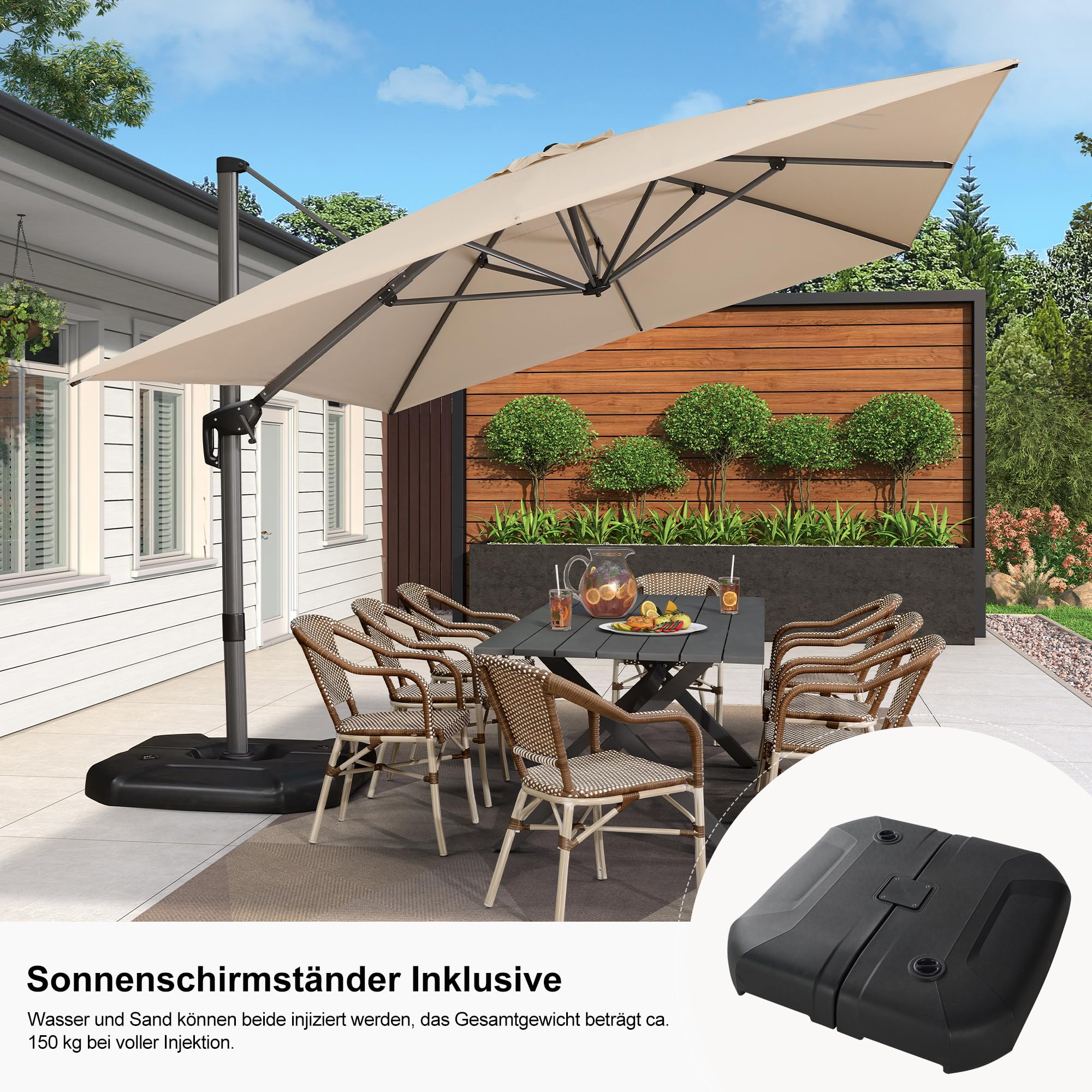 PURPLE LEAF Sonnenschirm groß mit Schirmständer, Aluminium Ampelschirm 400 x 300 cm, 360°Rotation, Terrassenschirm mit Kurbel, UV-beständig, Gartenschirm für Balkon & Terrasse, Beige