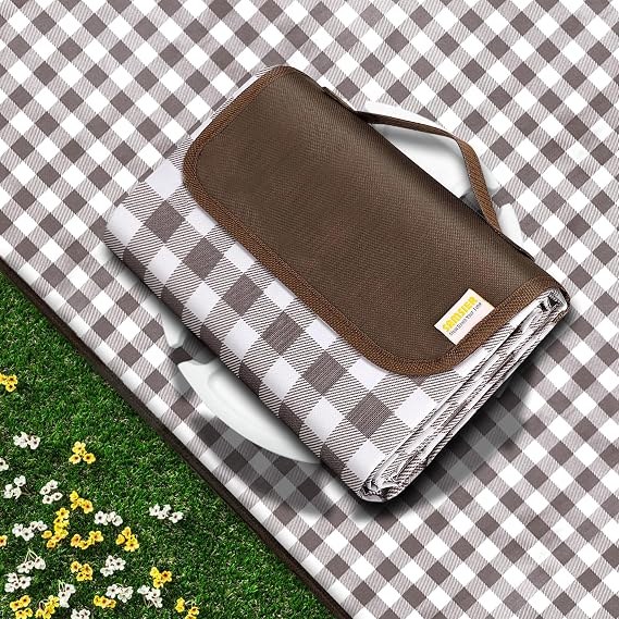 SAMSIER Outdoor Picnic Blankets Waterproof Foldable Sandproof, Large Gingham Cute Picnic Mat Washable Portable for Park Beach Camping Courtyard (Brown, 6080)