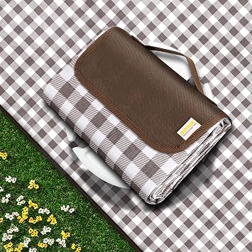 SAMSIER Outdoor Picnic Blankets Waterproof Foldable Sandproof, Large Gingham Cute Picnic Mat Washable Portable for Park Beach Camping Courtyard (Brown, 6080)